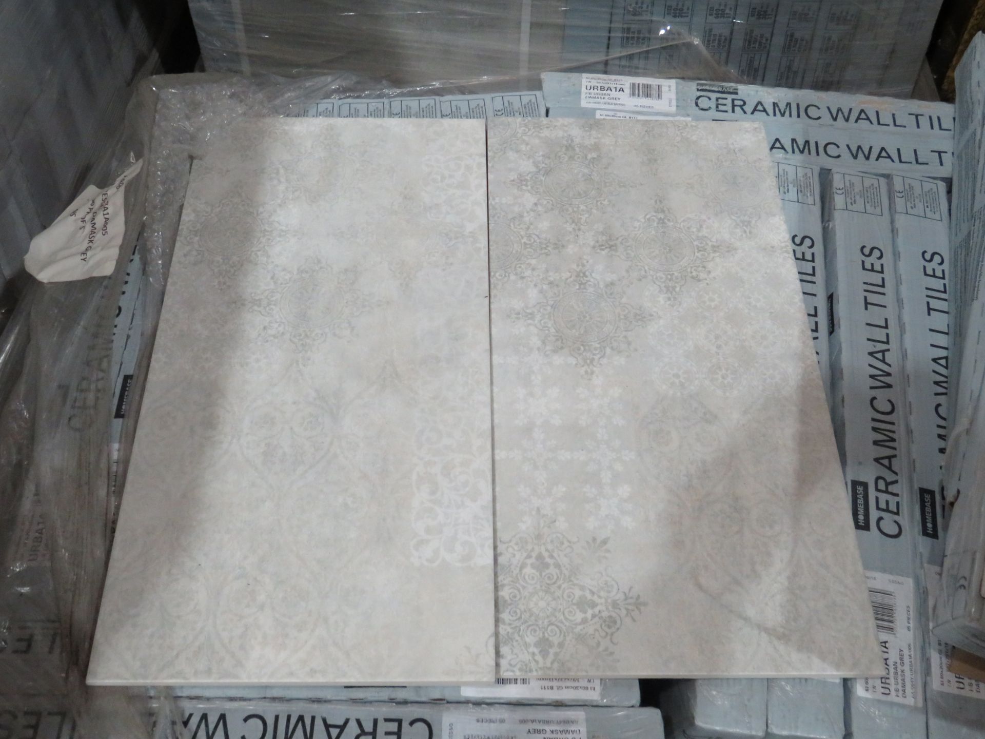 10x Packs of 5 Homebase 600x300mm Distressed Damask Grey wall tiles, new, ref code