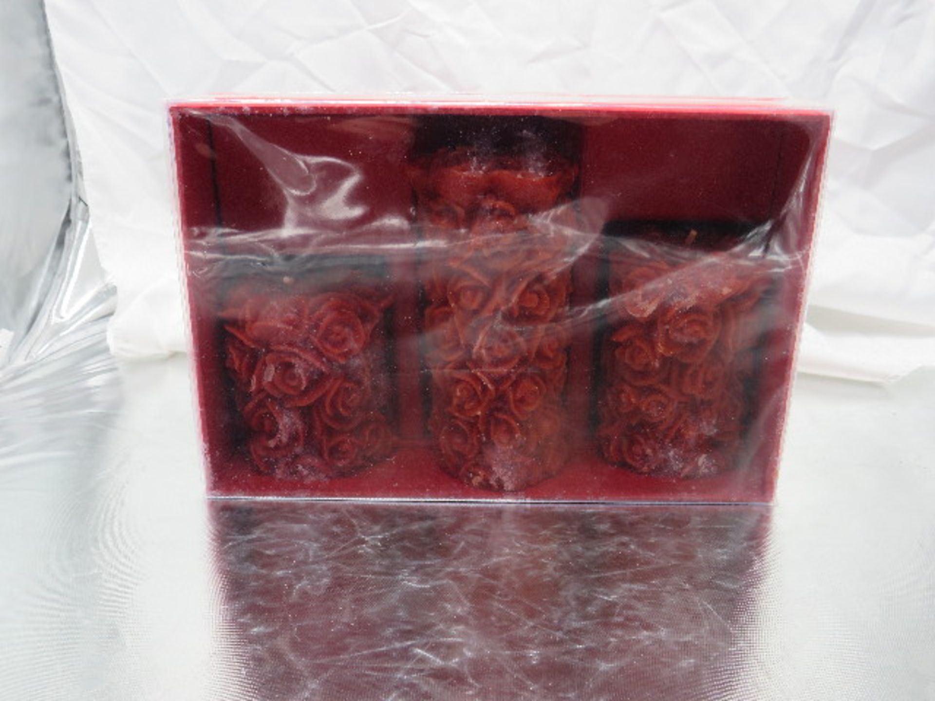 Set of 3 Red Rose Pillar Candles - New & Packaged.