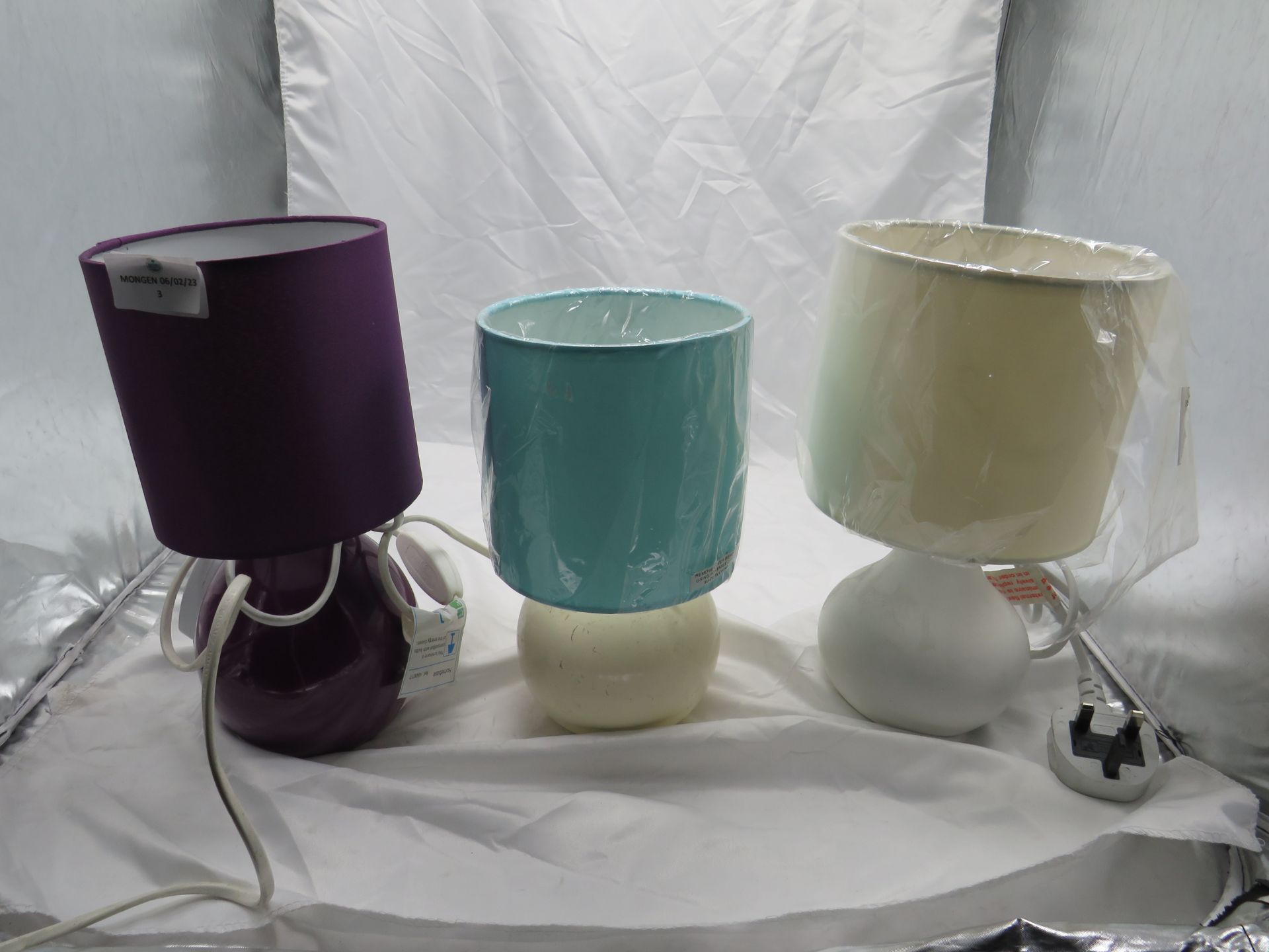 1x Purple Small Table Lamp - No Packaging. 1x White Small Table Lamp - No Packaging. 1x Blue & White