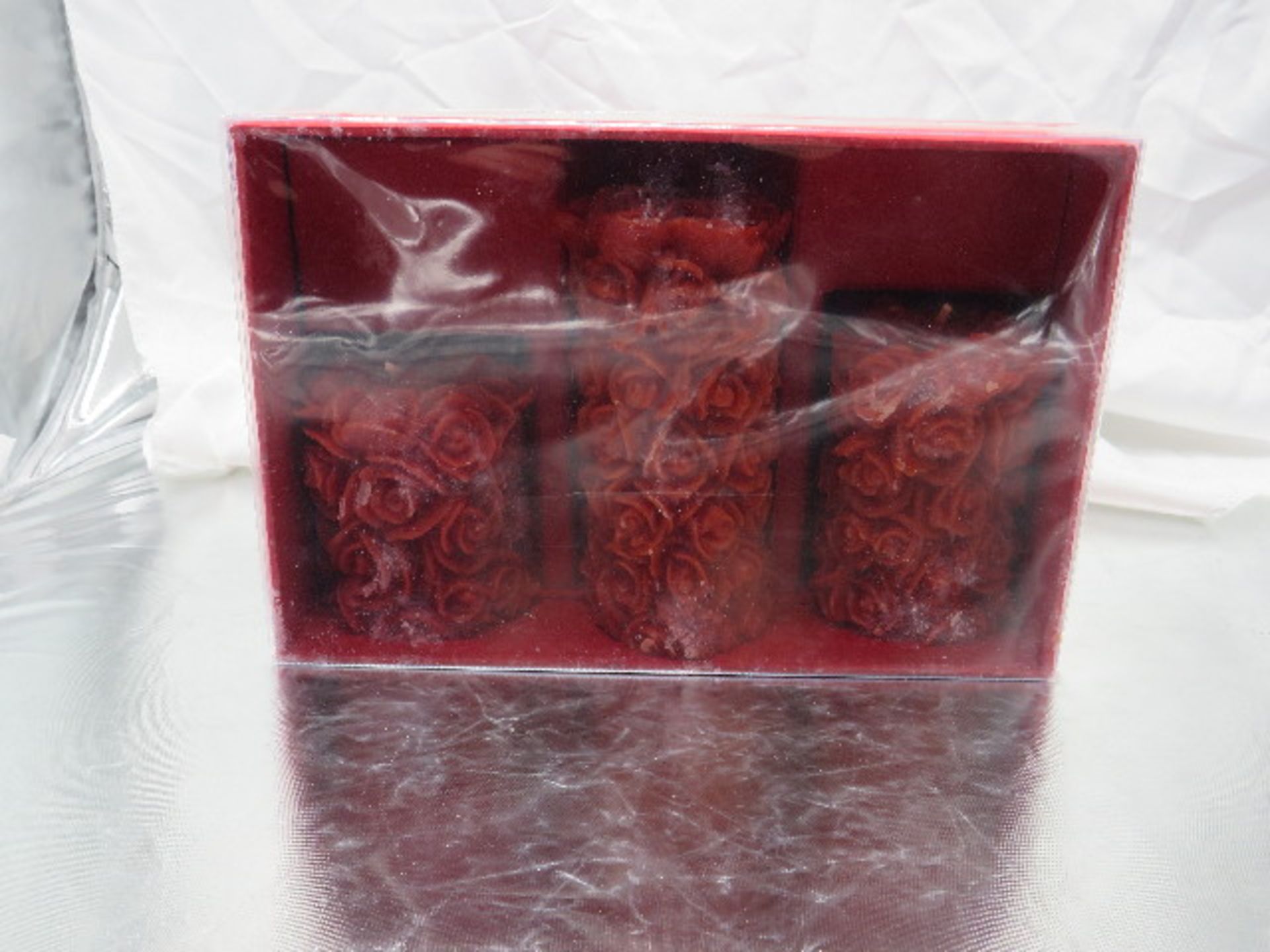 Set of 3 Red Rose Pillar Candles - New & Packaged.