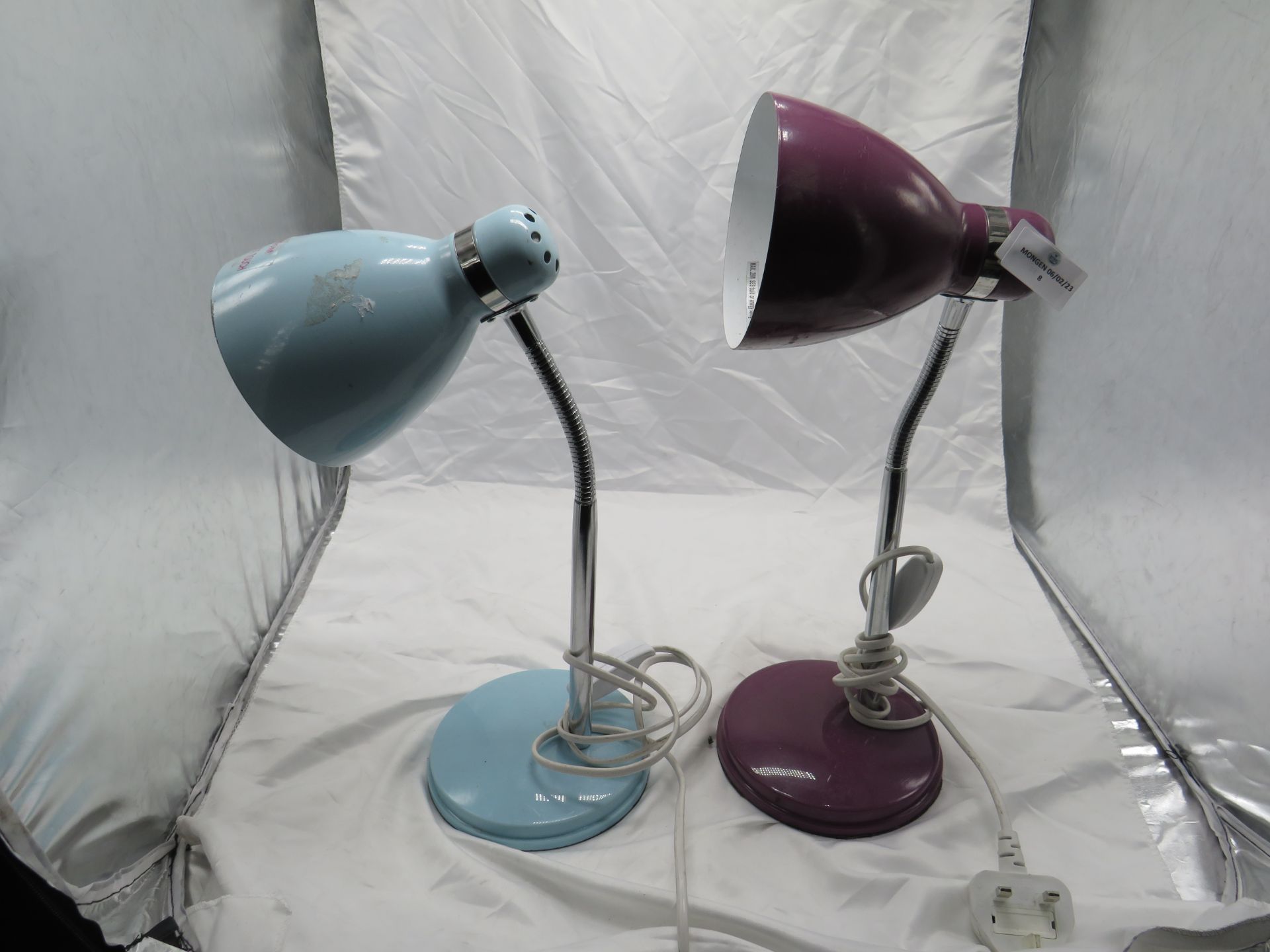 1x Blue Adjustable Flexible Desk Lamp - Item Has Scratch Marks, No Packaging. 1x Purple Adjustable