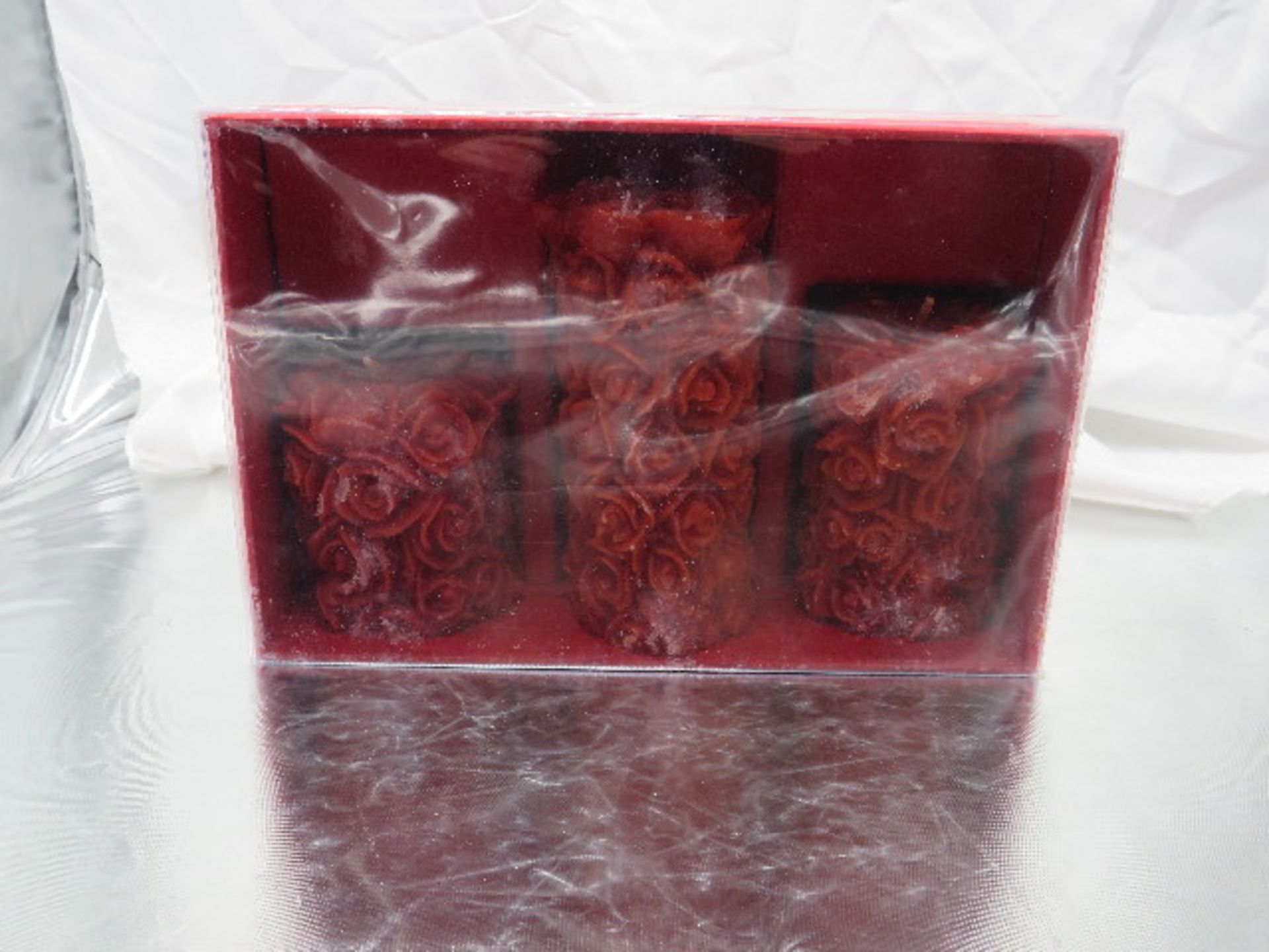 Set of 3 Red Rose Pillar Candles - New & Packaged.
