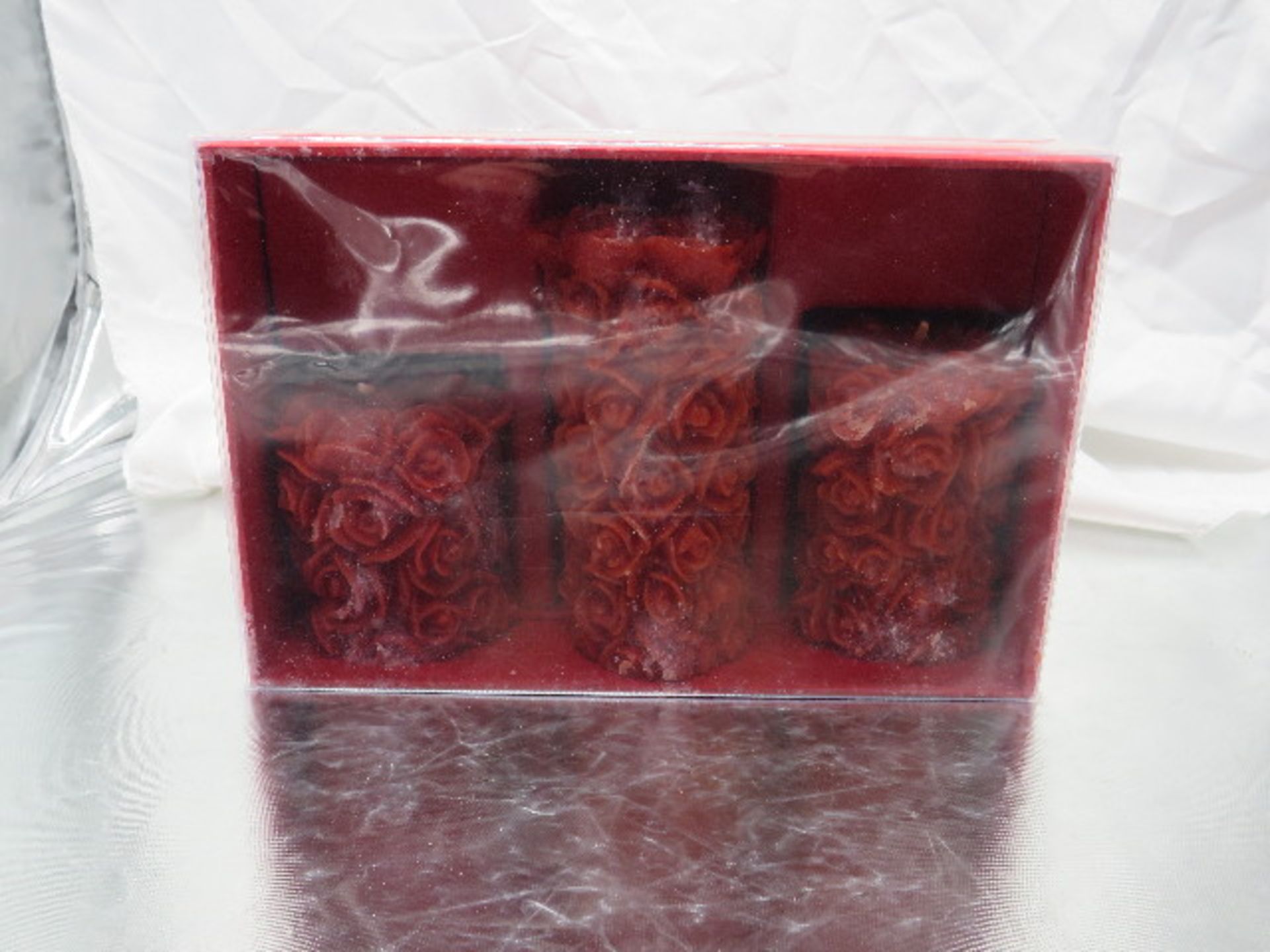 Set of 3 Red Rose Pillar Candles - New & Packaged.