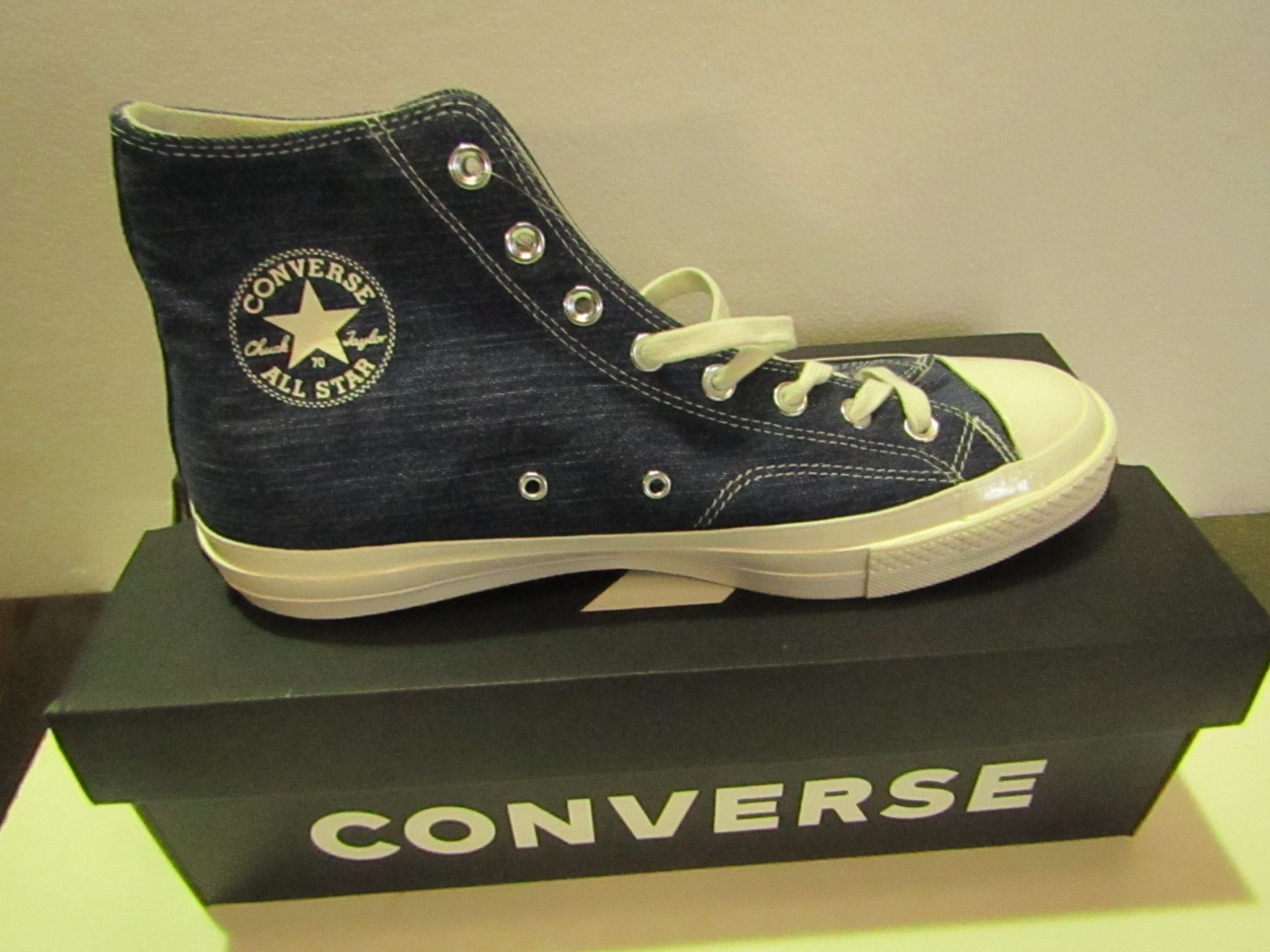 Converse High Top Dark Denim/Egret Canvas Trainer size UK11 new & boxed see image for design