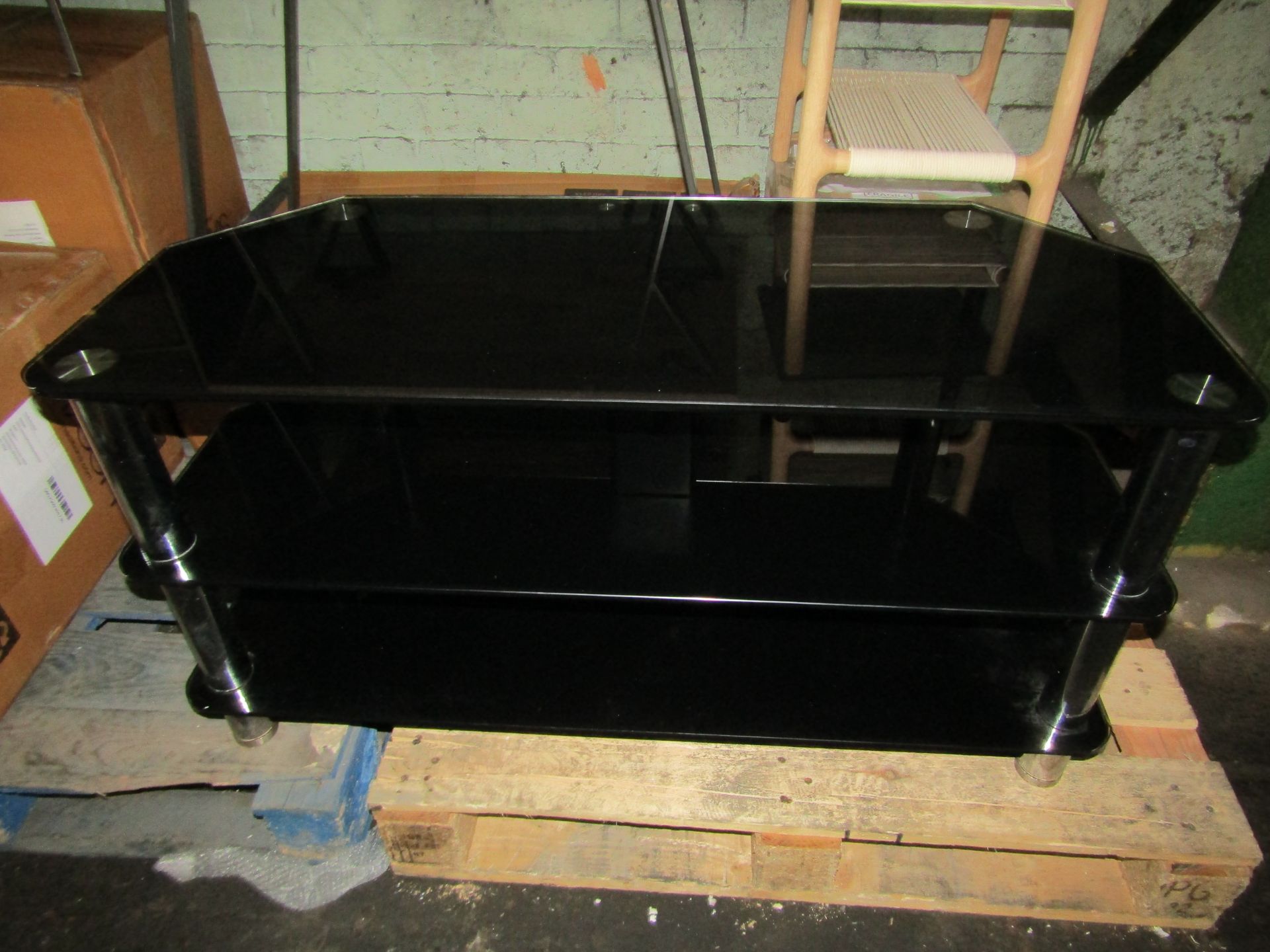 3-Tier Tempered Glass Tv Media Unit, Black & Chrome - Very Good Condition & Ready For A New Home,