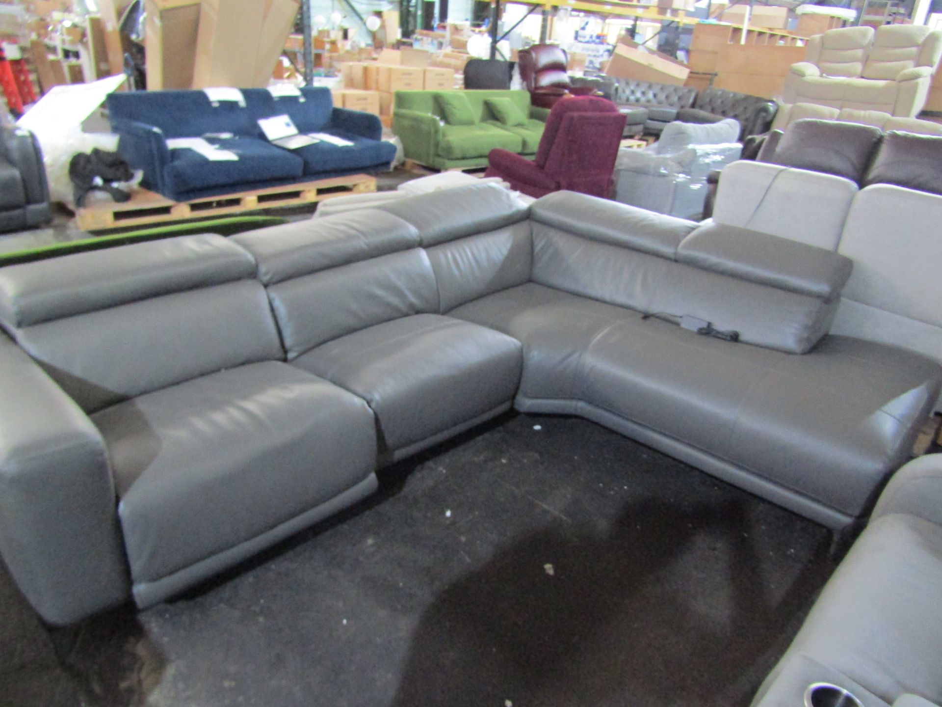 Costco Grey Leather Reclining Sofa with Power Headrests - Item Untested, Has Rips & Marks Present On