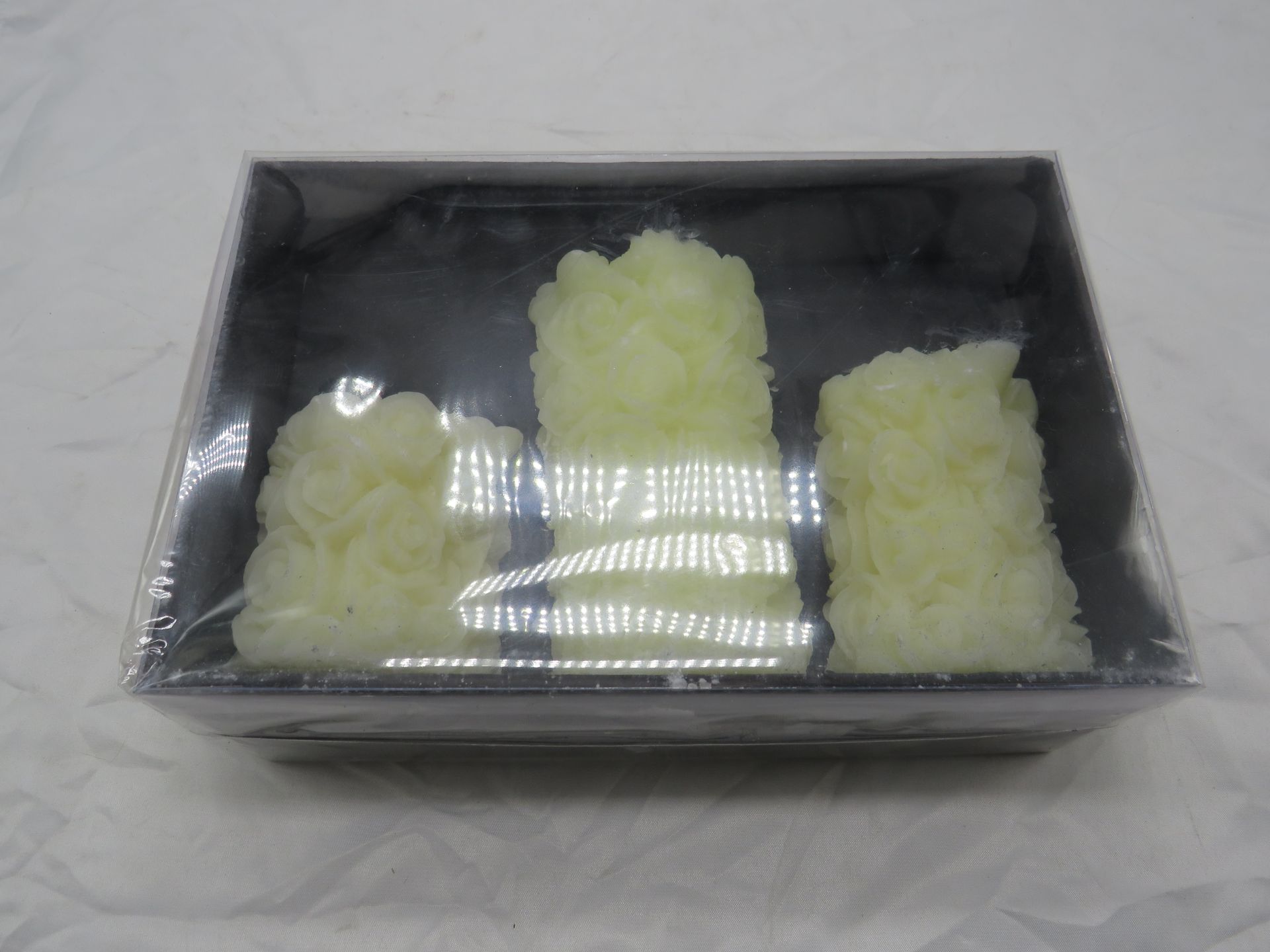Set of 3 White Rose Pillar Candles - New & Packaged.