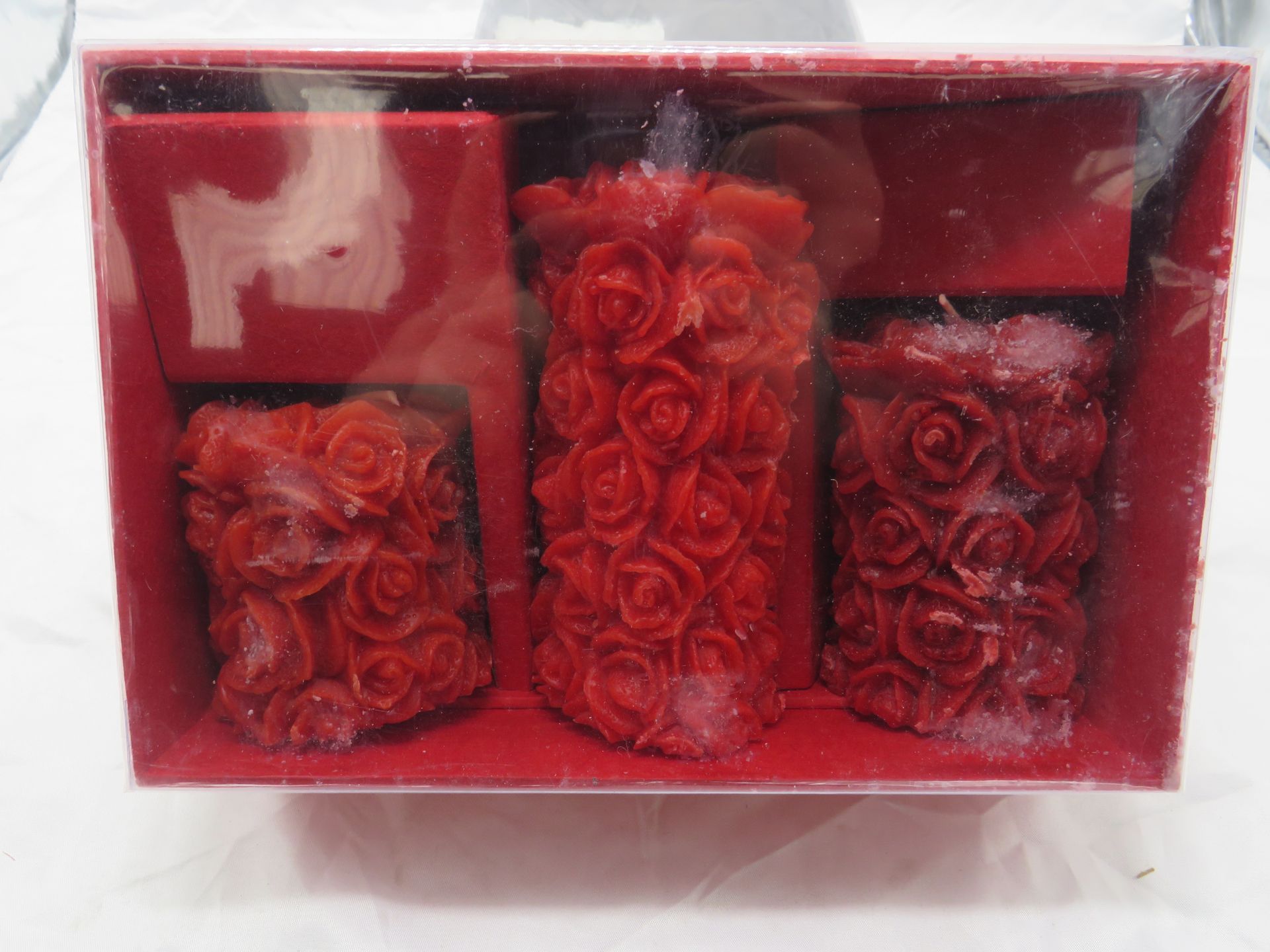 Set of 3 Red Rose Pillar Candles - New & Packaged.