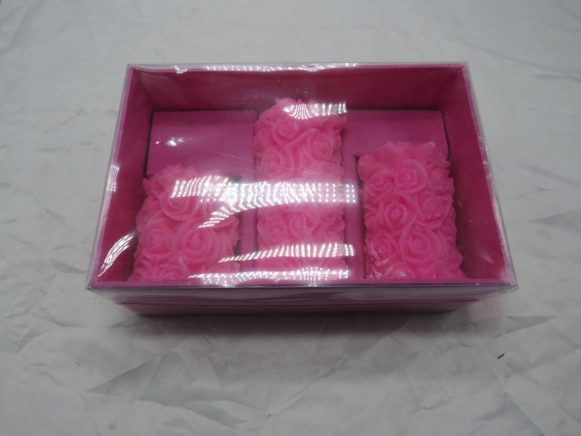 Set of 3 Pink Rose Pillar Candles - New & Packaged.