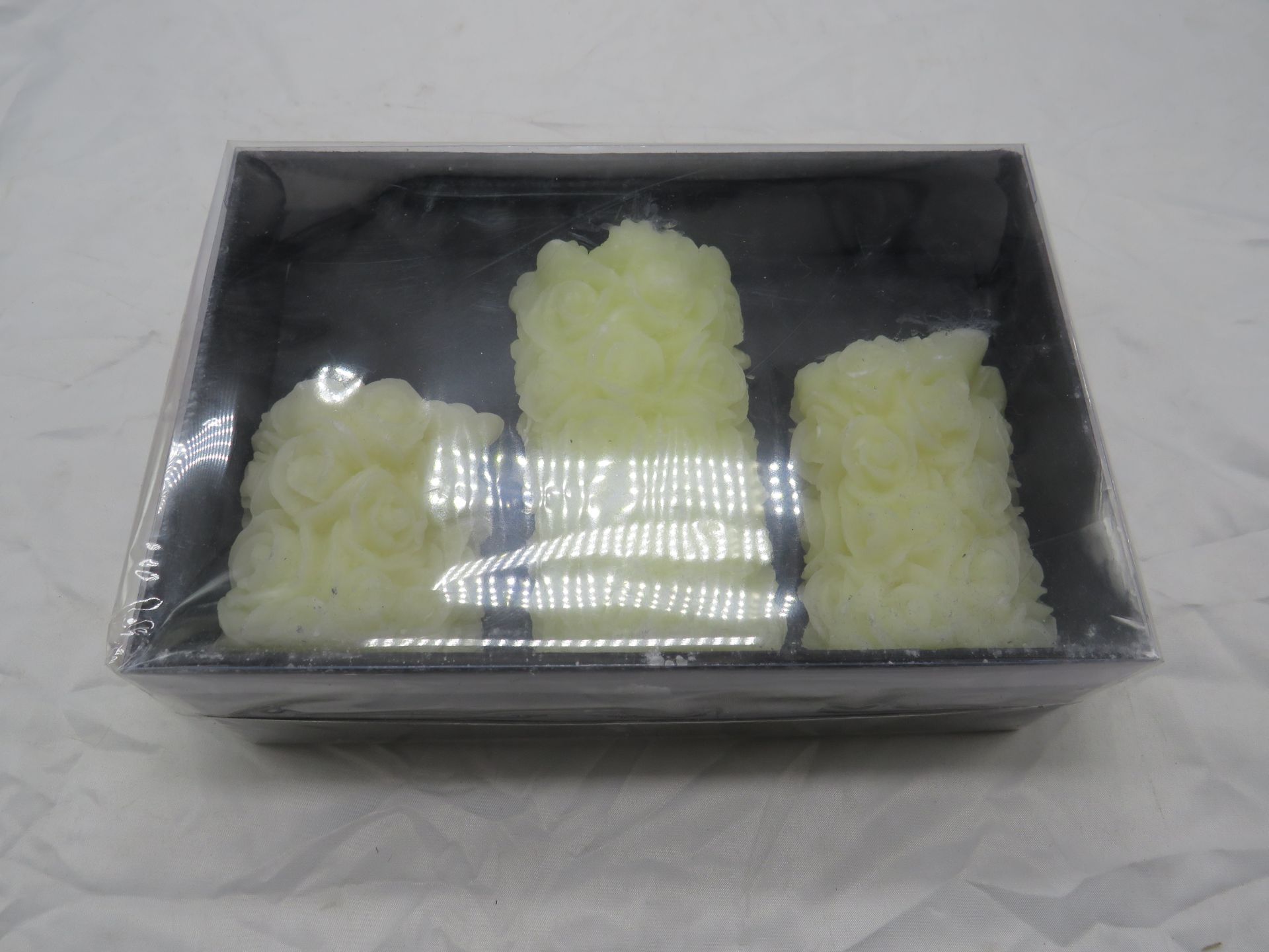Set of 3 White Rose Pillar Candles - New & Packaged.