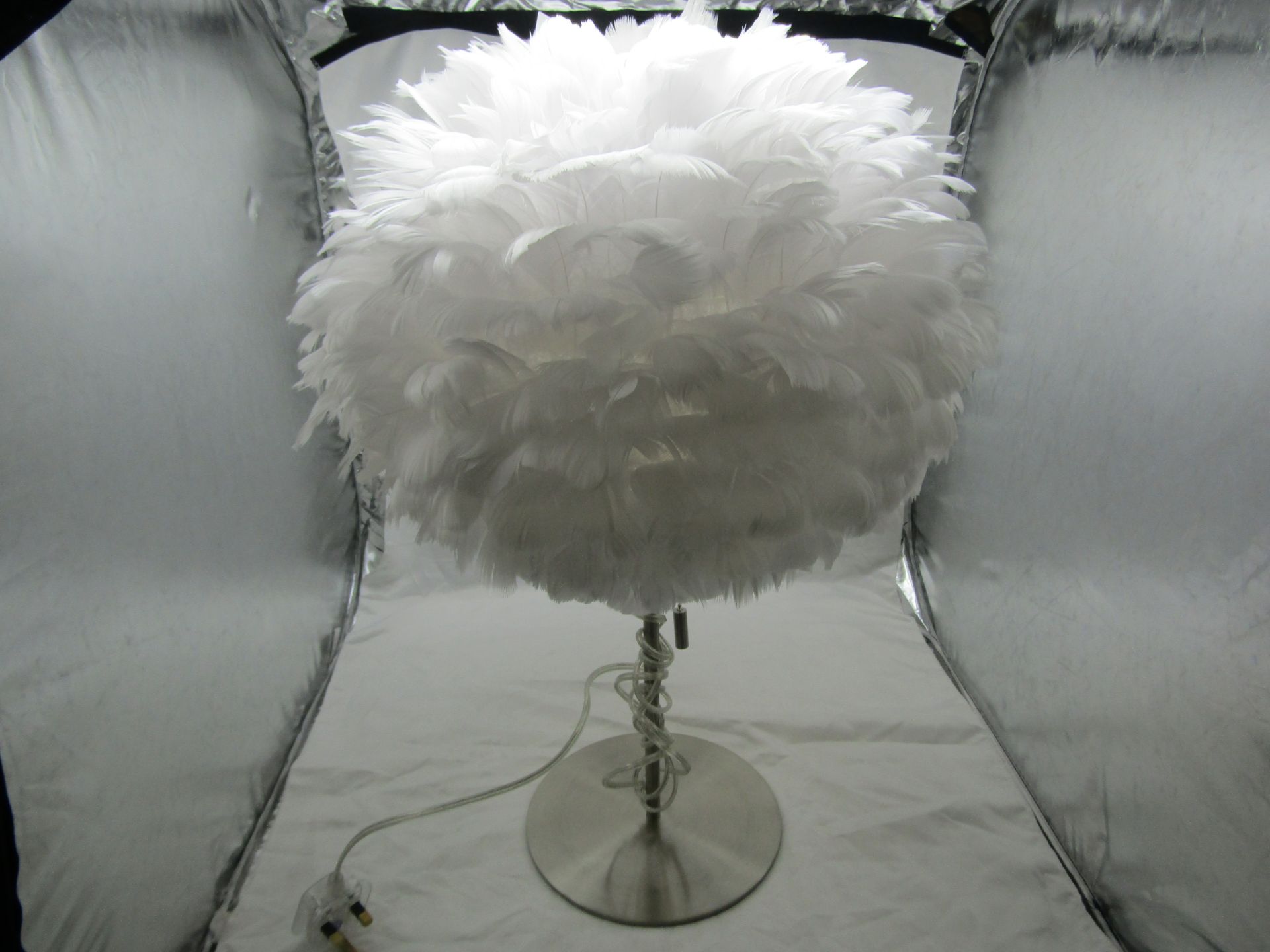 Chrome Table Lamp With White Feather Shade - Good Condition, No Box.