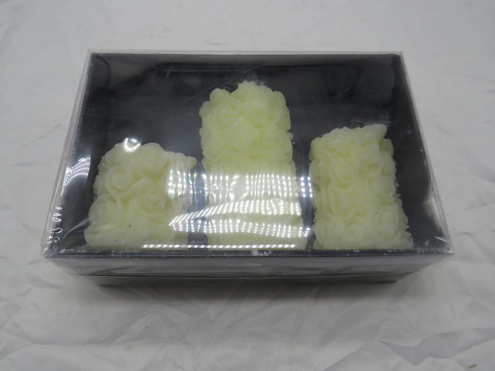 Set of 3 White Rose Pillar Candles - New & Packaged.