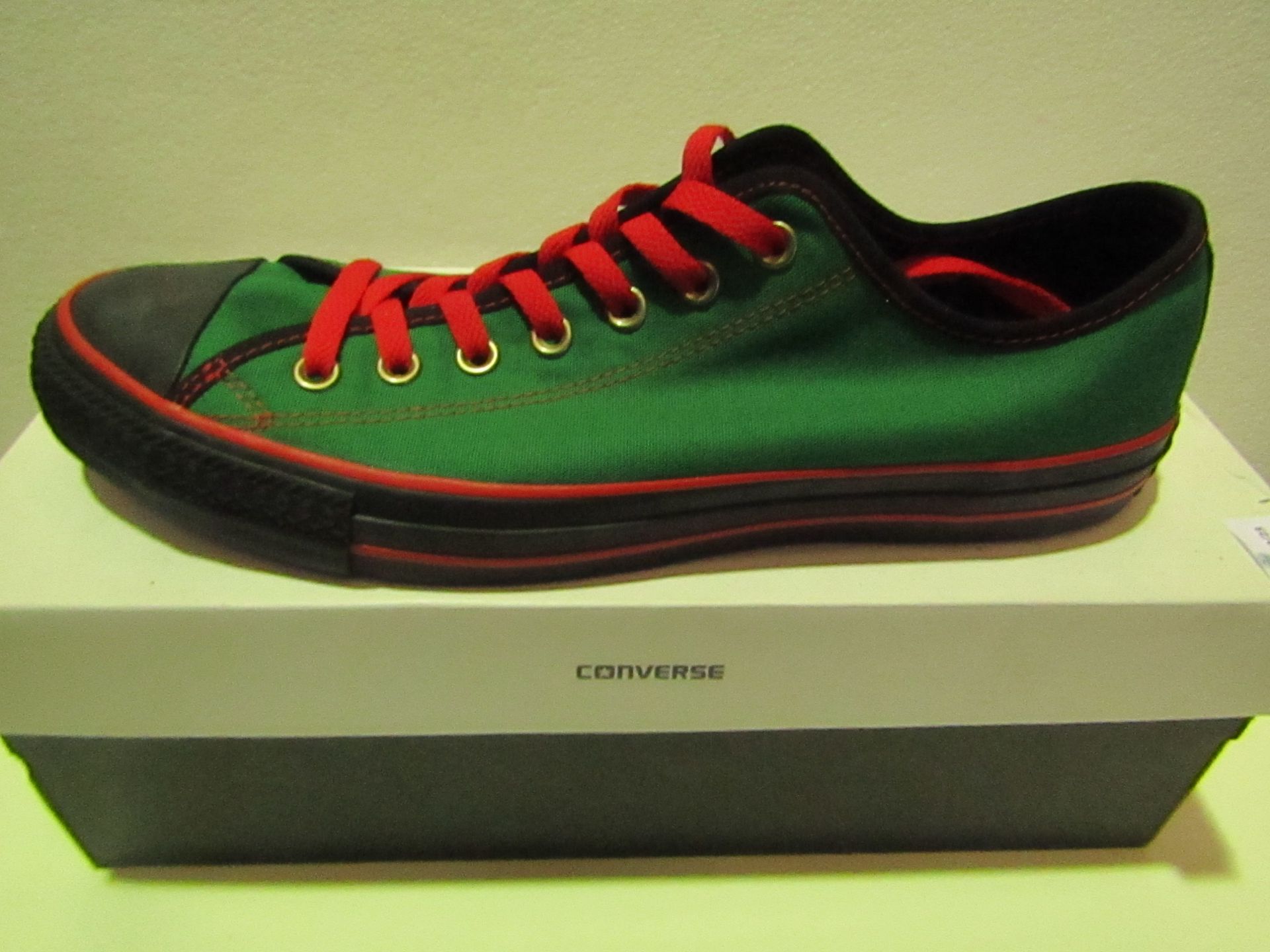 Converse All Star Green/Red/Black Canvas Trainer size UK 12 new & boxed see image for design