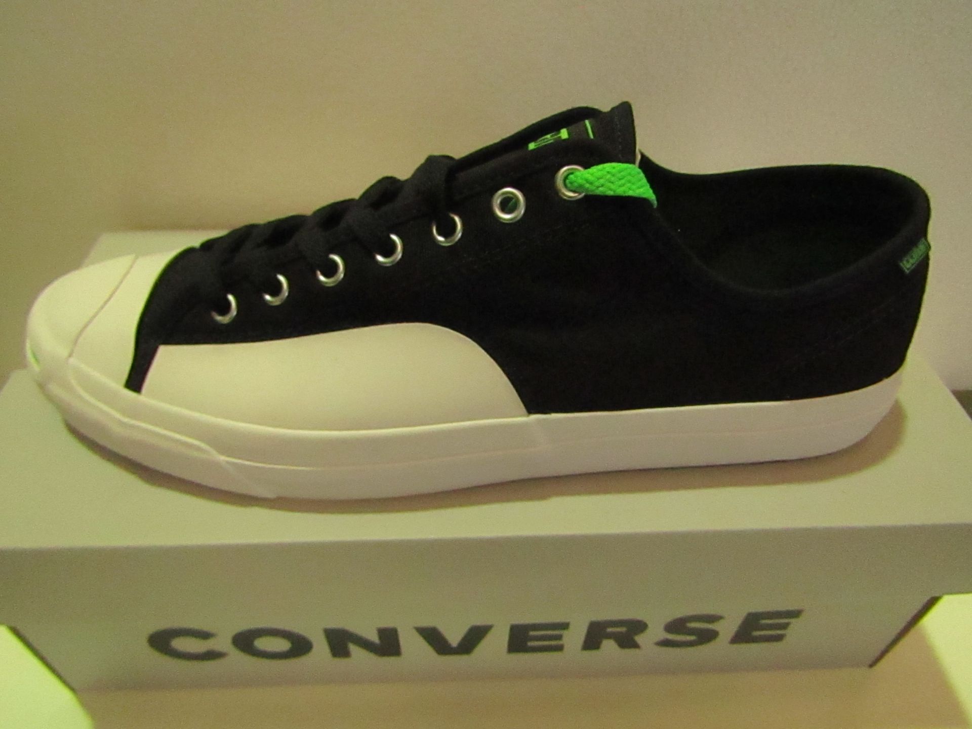 Converse Cons? Black/Acid Green Canvas Trainer size UK12 new & boxed see image for design