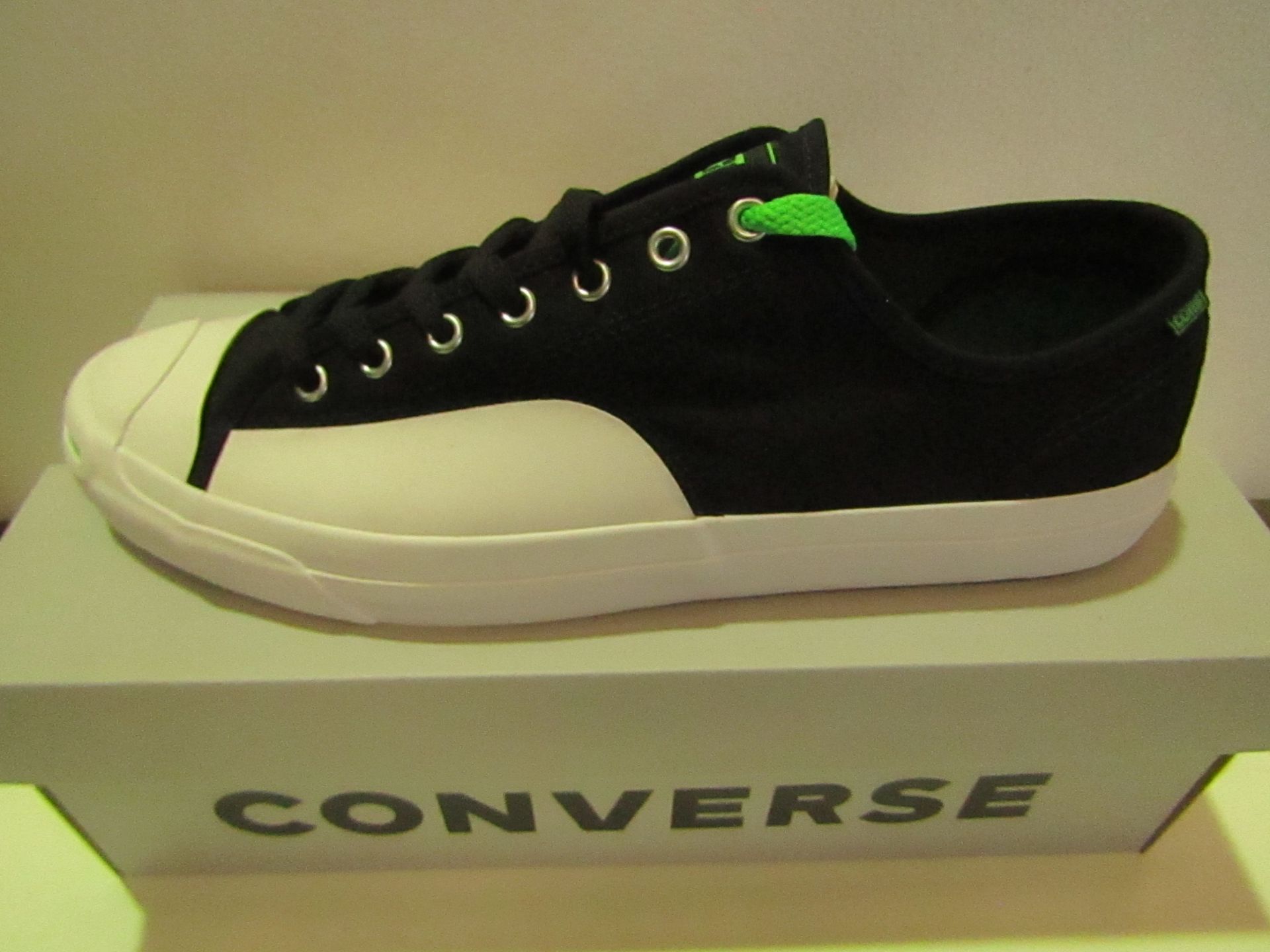 Converse Cons? Black/Acid Green Canvas Trainer size UK12 new & boxed see image for design