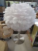 Chrome Table Lamp With White Feather Shade - Good Condition, No Box.