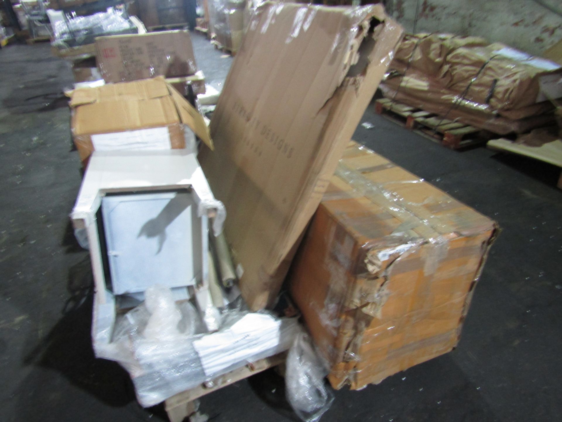 5x pieces of damaged returns from Moot Group including art, side board, table, bedside cabinet and