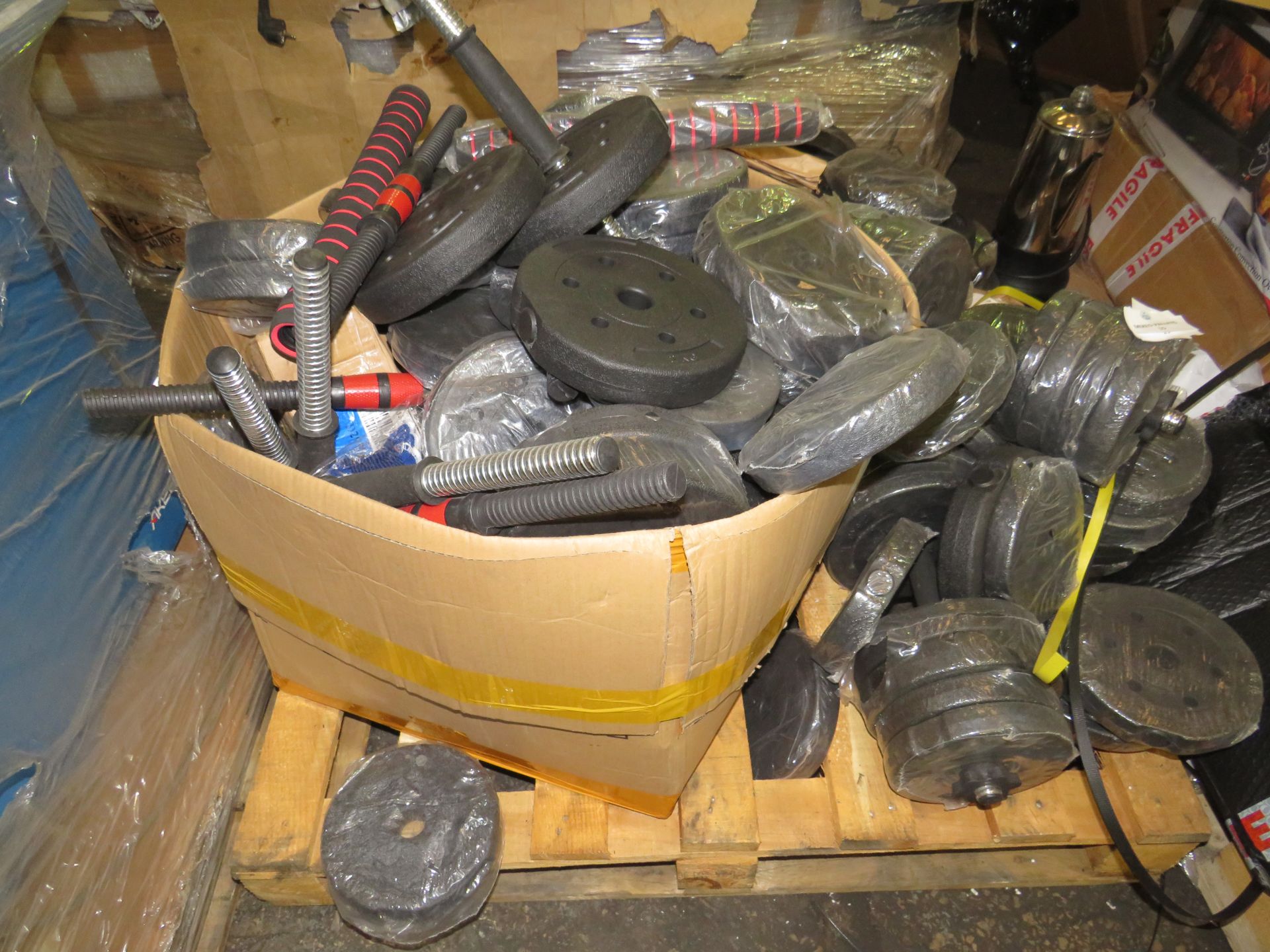 1x Pallet Containing Approx 8X 30KG Dumbell Weight Sets & 15x Pull-up Bars - All May Have No