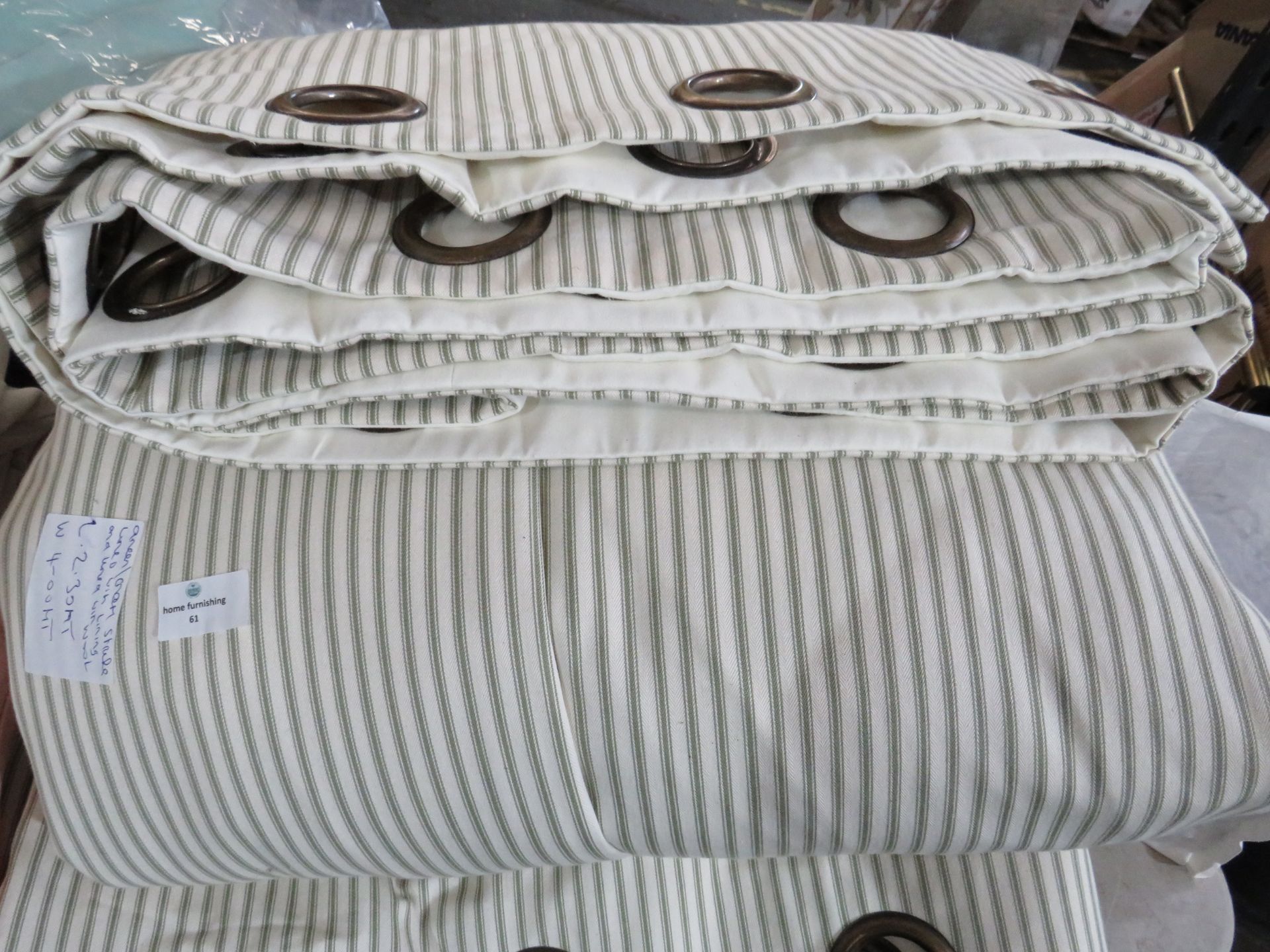 Stitched Pair Of Green Striped Lined Curtains With Eyelet Top 400 Wide X 230 Drop RRP ?834.26 A