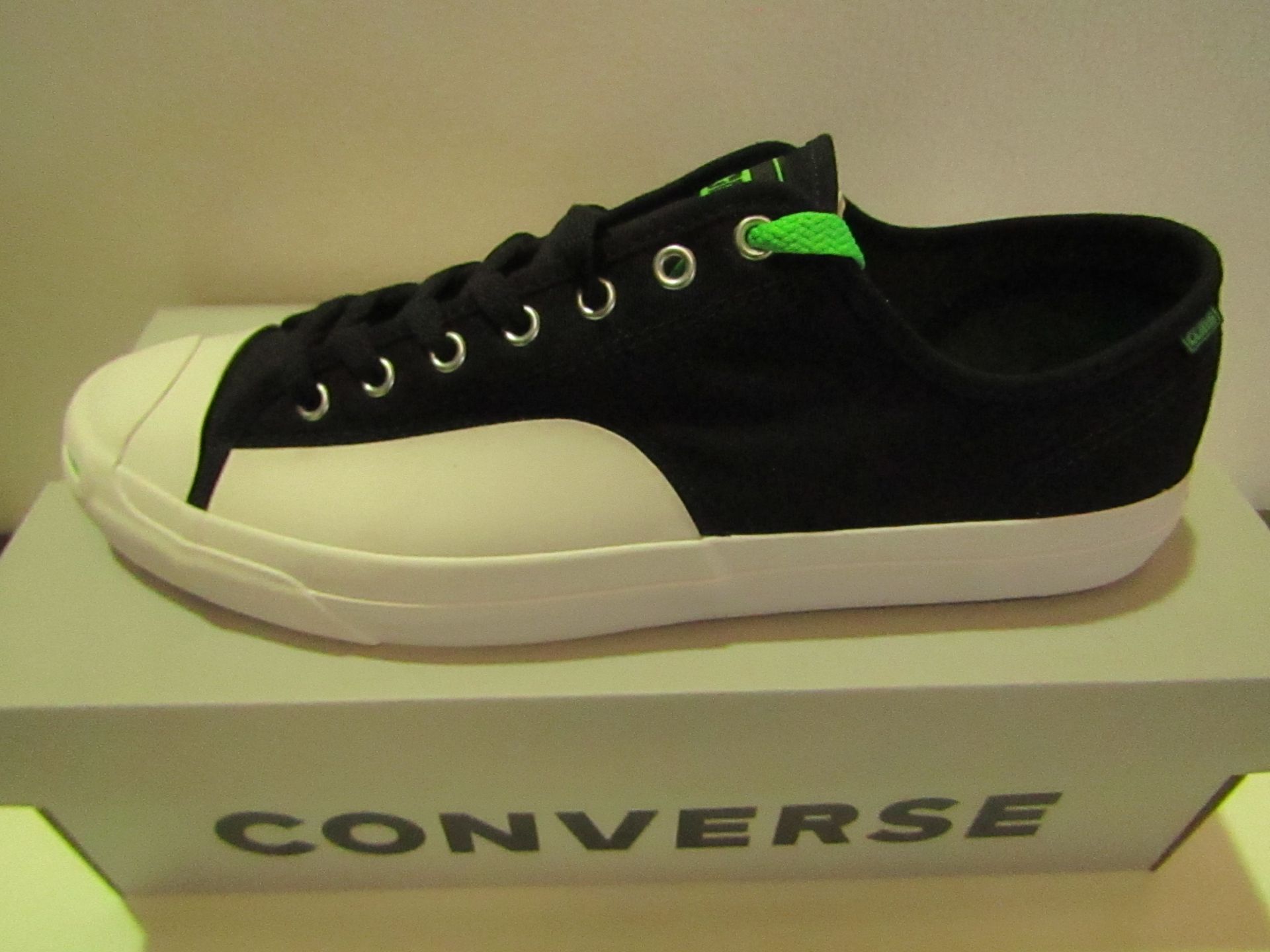 Converse Cons? Black/Acid Green Canvas Trainer size UK12 new & boxed see image for design