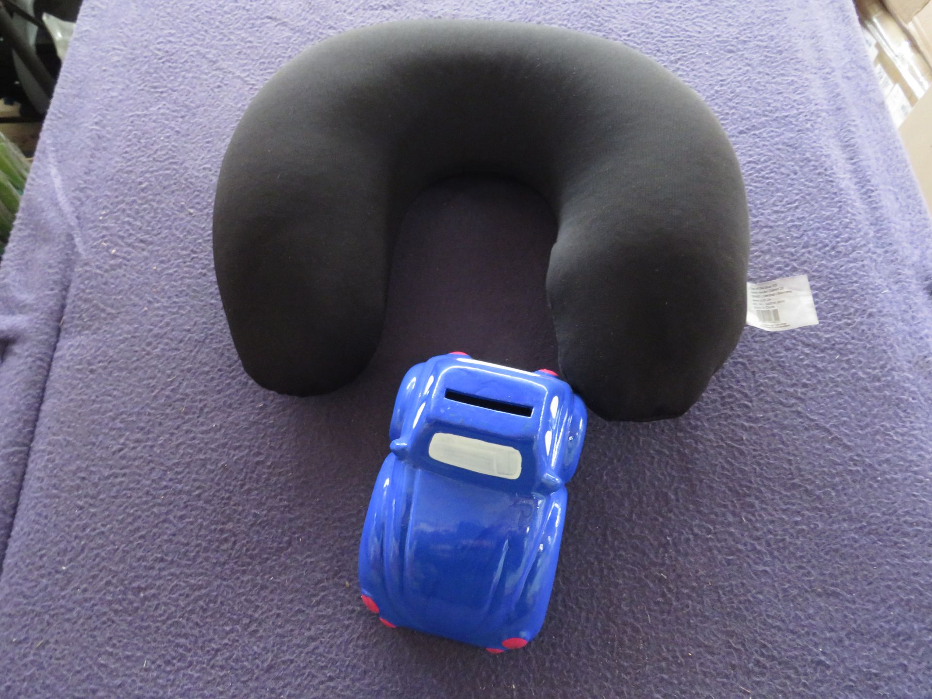 Black Travel Neck Cushion - Packaged. Blue Car Money Bank - Good Condition & Boxed.