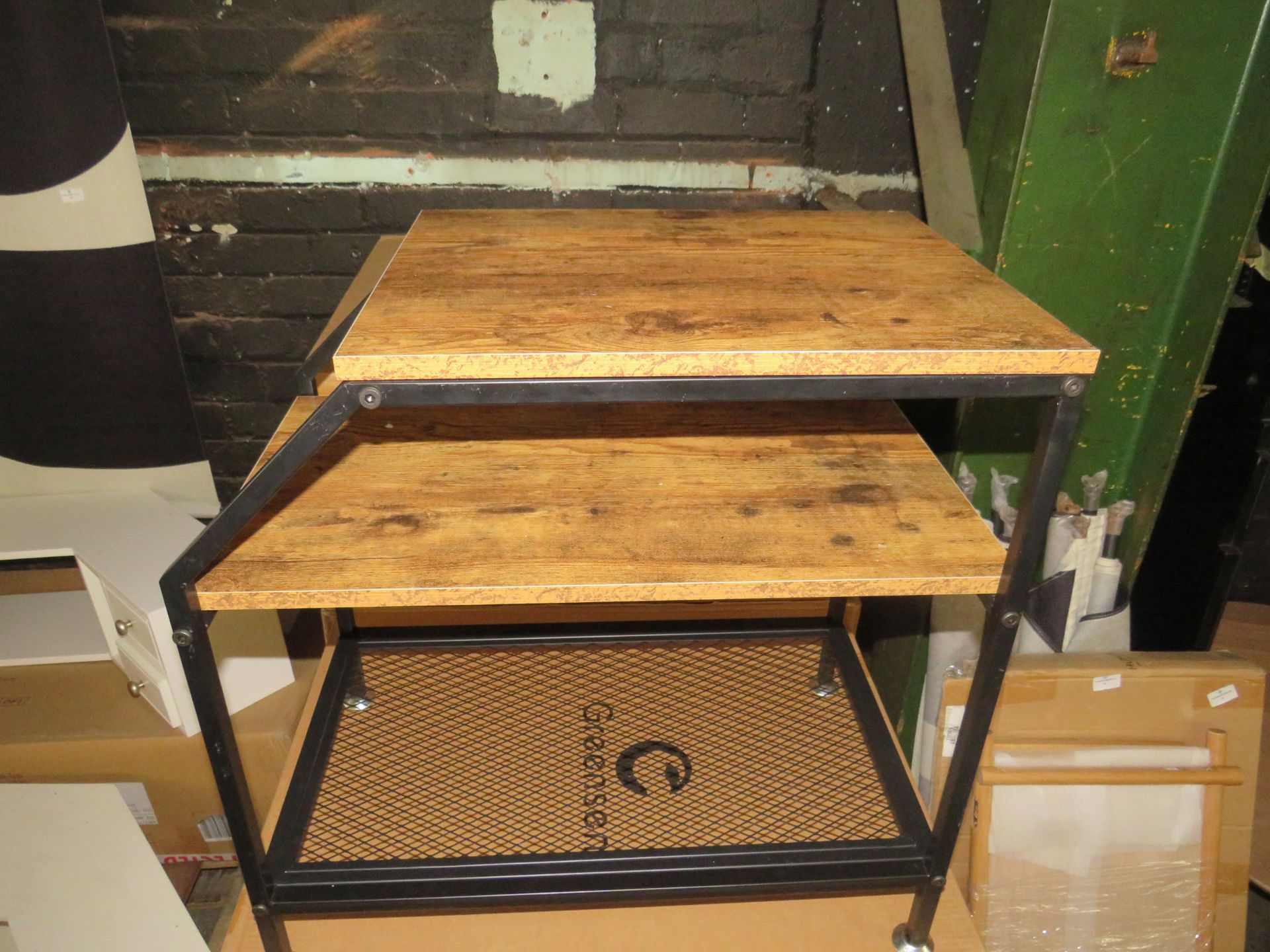 Vintage Industrial Nightstand With Storage Shelves - Good Condition & Boxed.