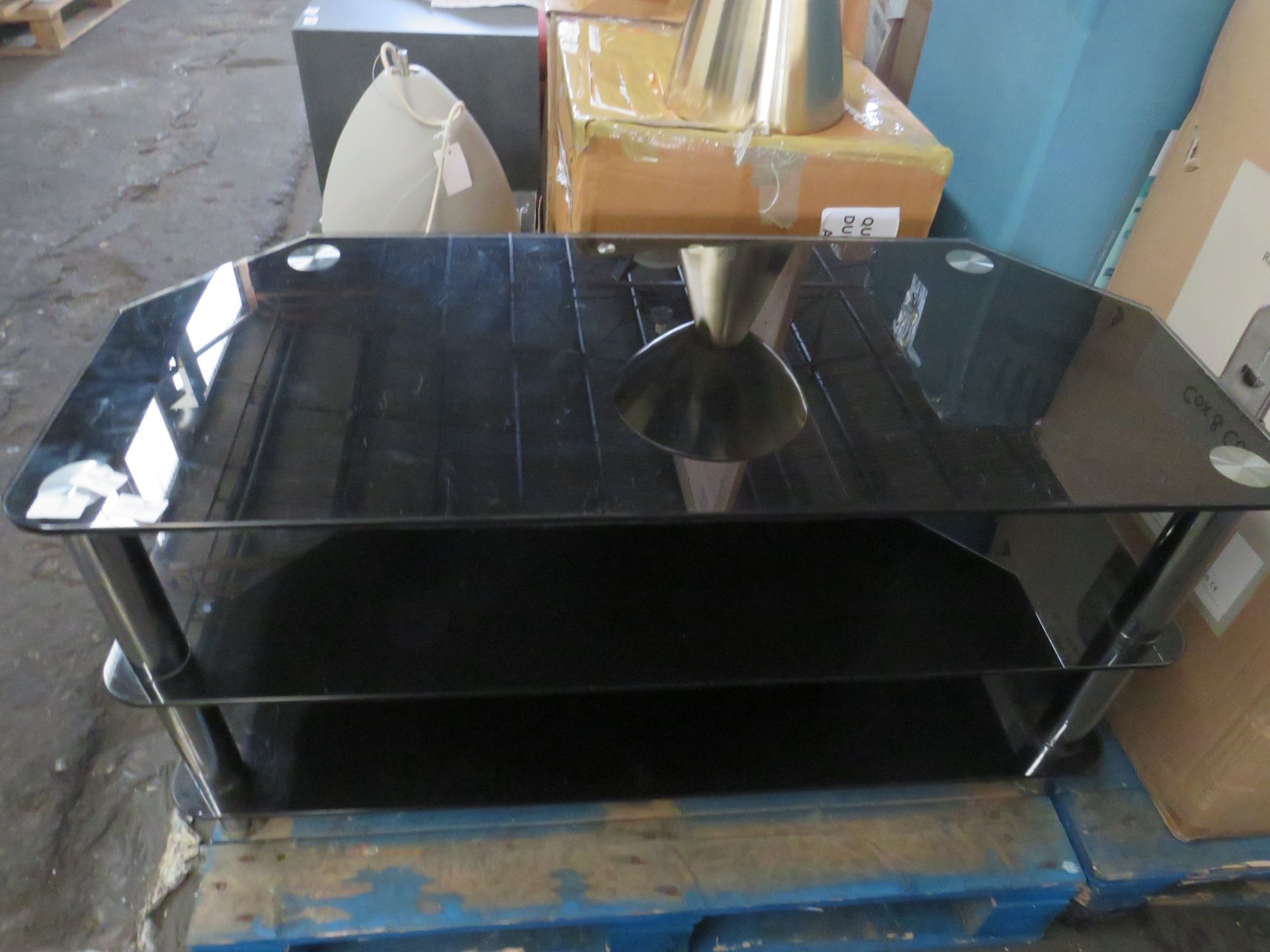 3-Tier Tempered Glass Tv Media Unit, Black & Chrome - Very Good Condition & Ready For A New Home,