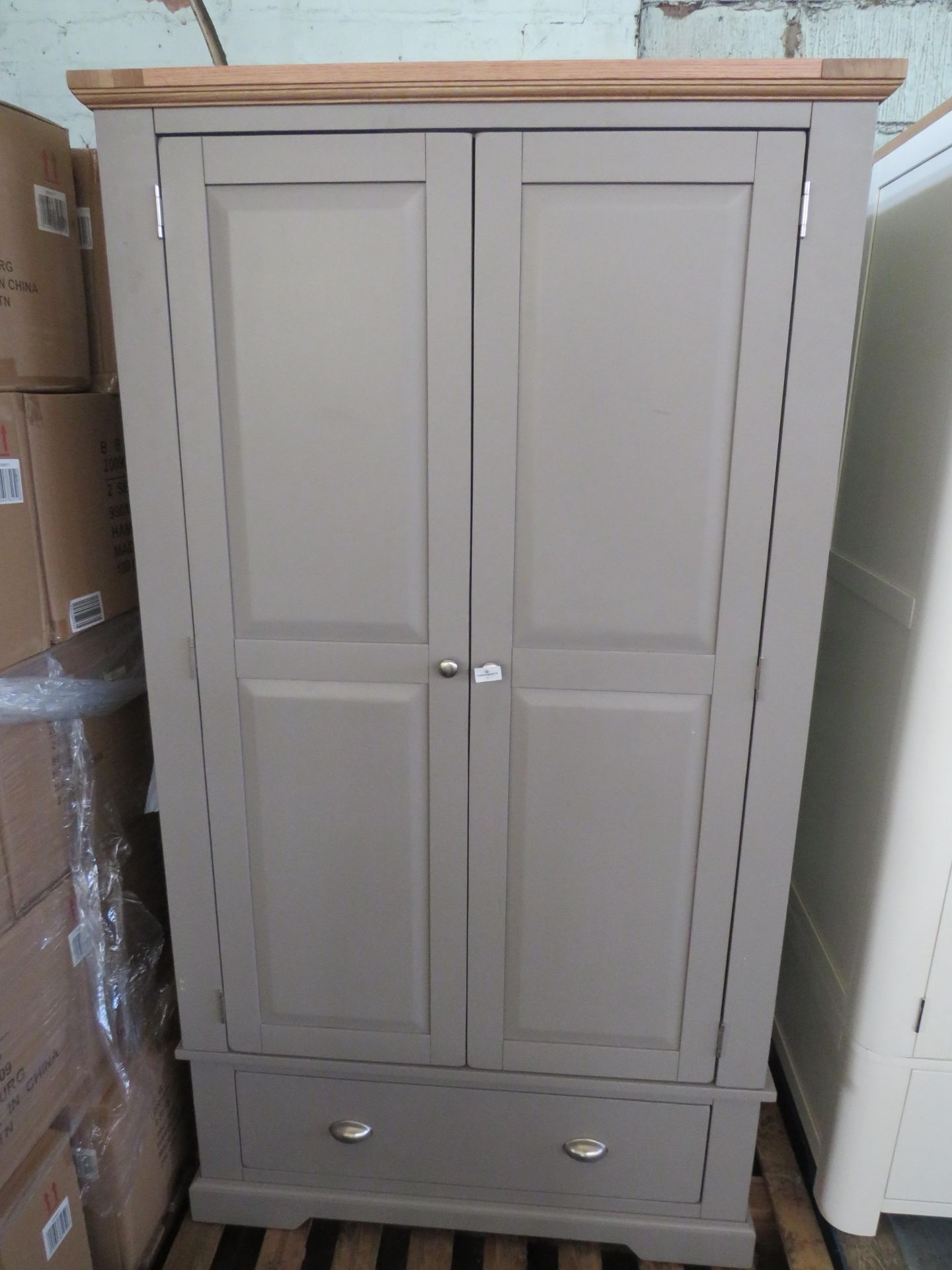 Oak Furnitureland St Ives Natural Oak And Light Grey Painted Double Wardrobe RRP Â£699.99Oak