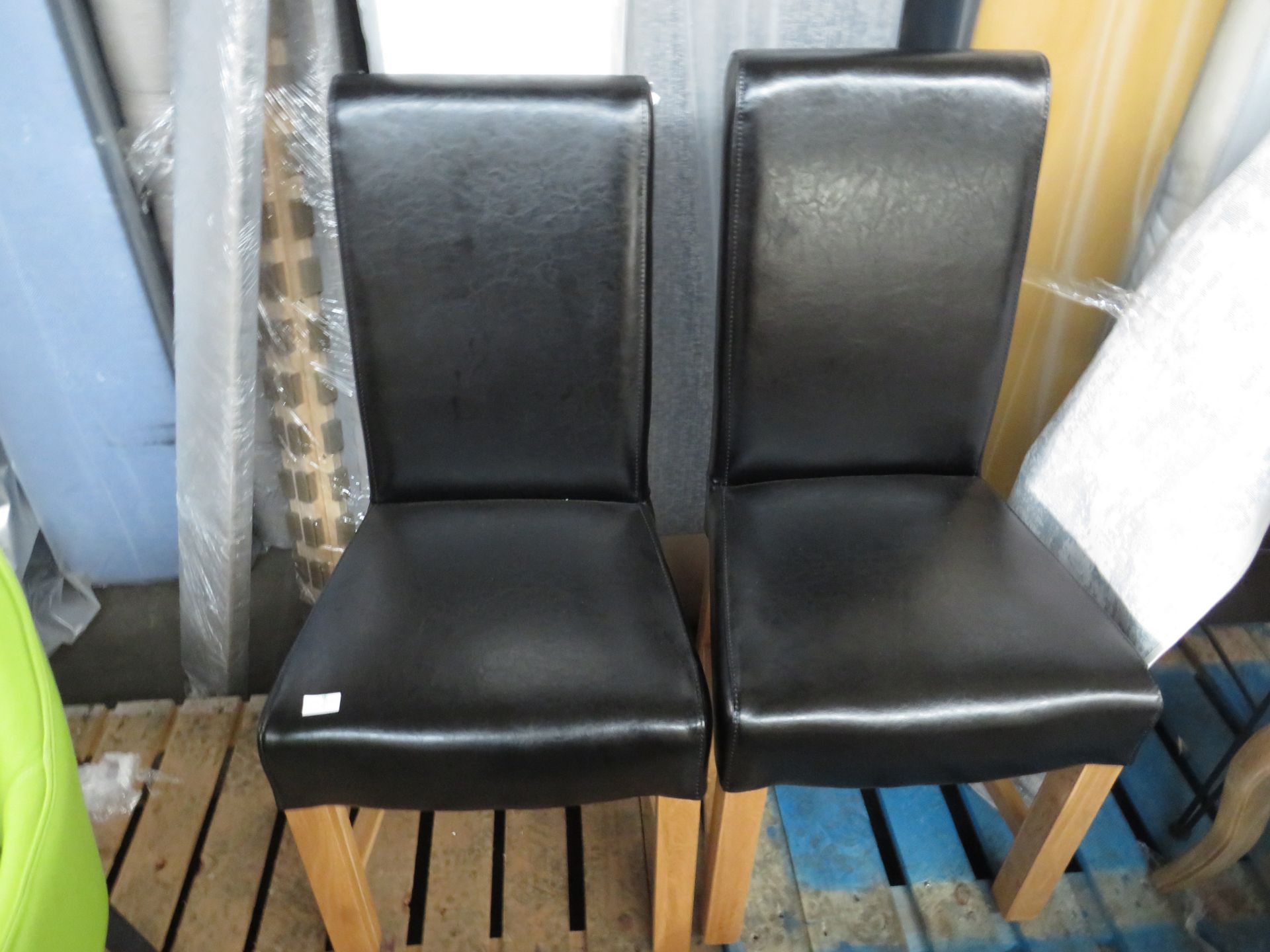 Oak Furnitureland Braced Scroll Back Chair In Black Bicast Leather With Solid Oak Legs x2 RRP Â£