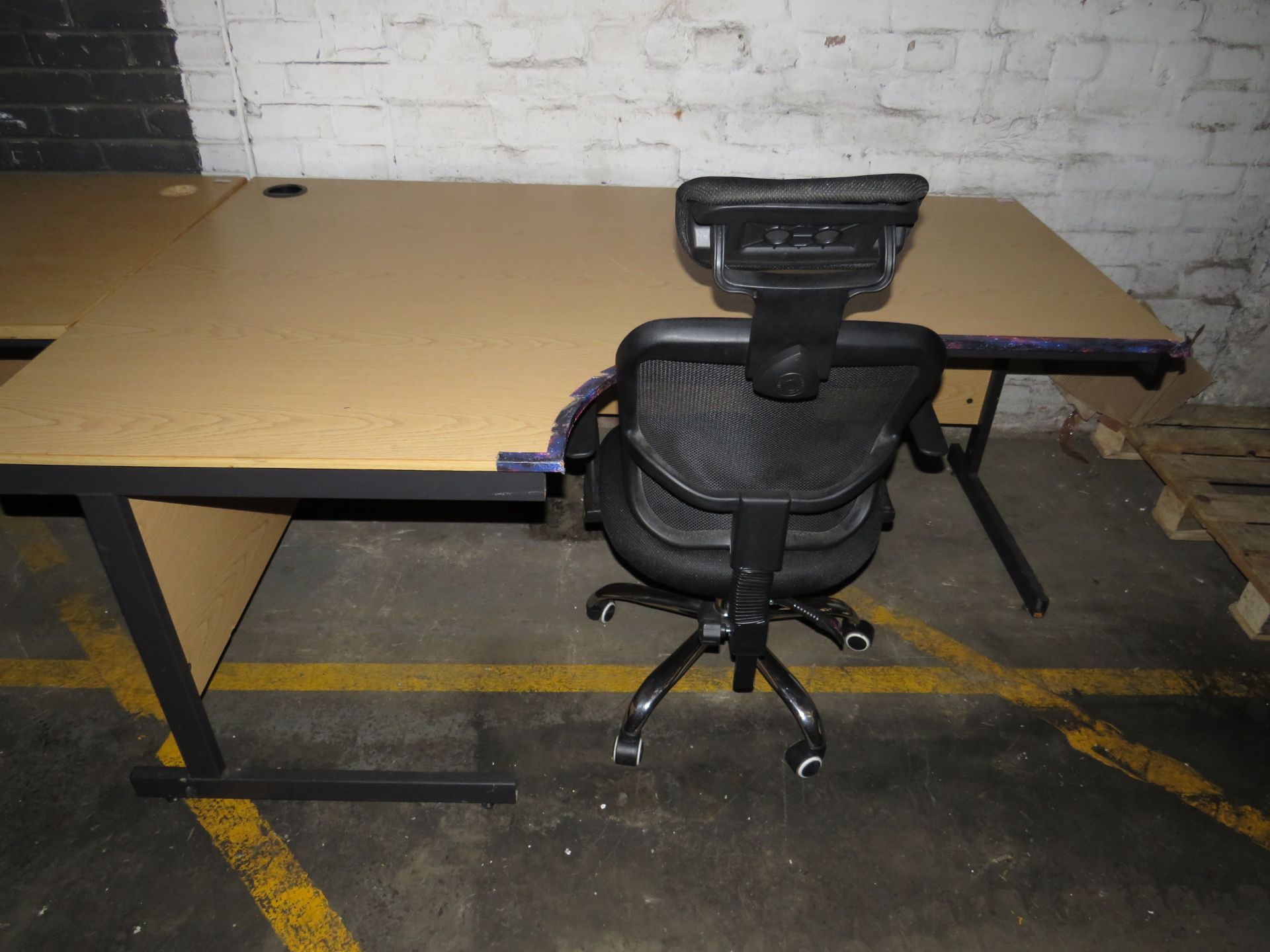 Brown L Shaped Office Desk With Wire Holes Plus Black Office Chair 115 CM X 153 CM Has Been Used