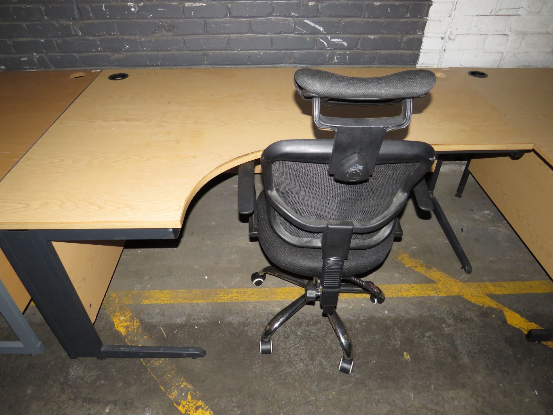 Brown L Shaped Office Desk With Wire Holes Plus Black Office Chair 115 CM X 153 CM Has Been Used