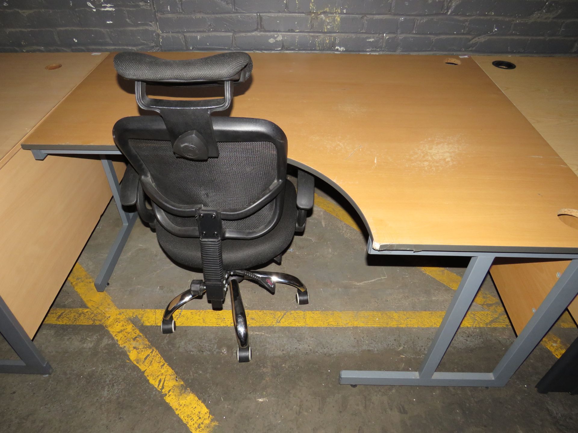 Brown L Shaped Office Desk With Wire Holes Plus Black Office Chair 115 CM X 153 CM Has Been Used