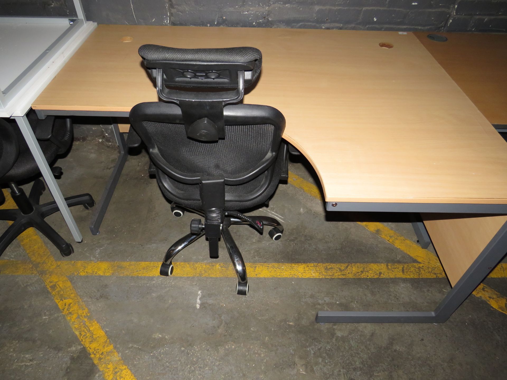 Brown L Shaped Office Desk With Wire Holes Plus Black Office Chair 115 CM X 153 CM Has Been Used