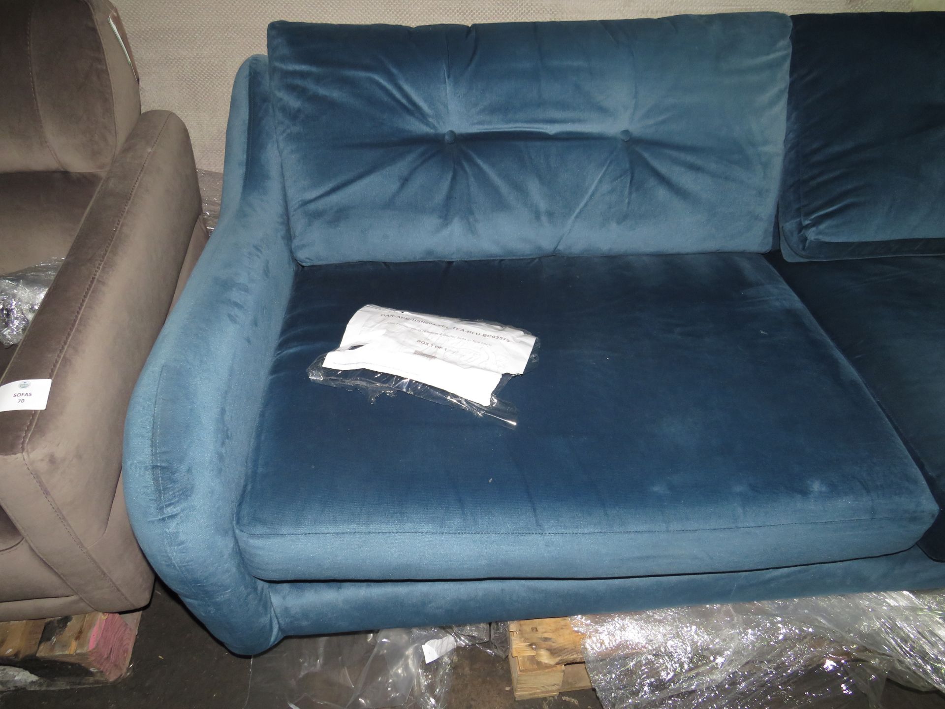 Oak Furnitureland Houston 4 Seater Sofa in Teal fabric RRP £1249.99 Deep-seated velvet four seater - Image 2 of 3