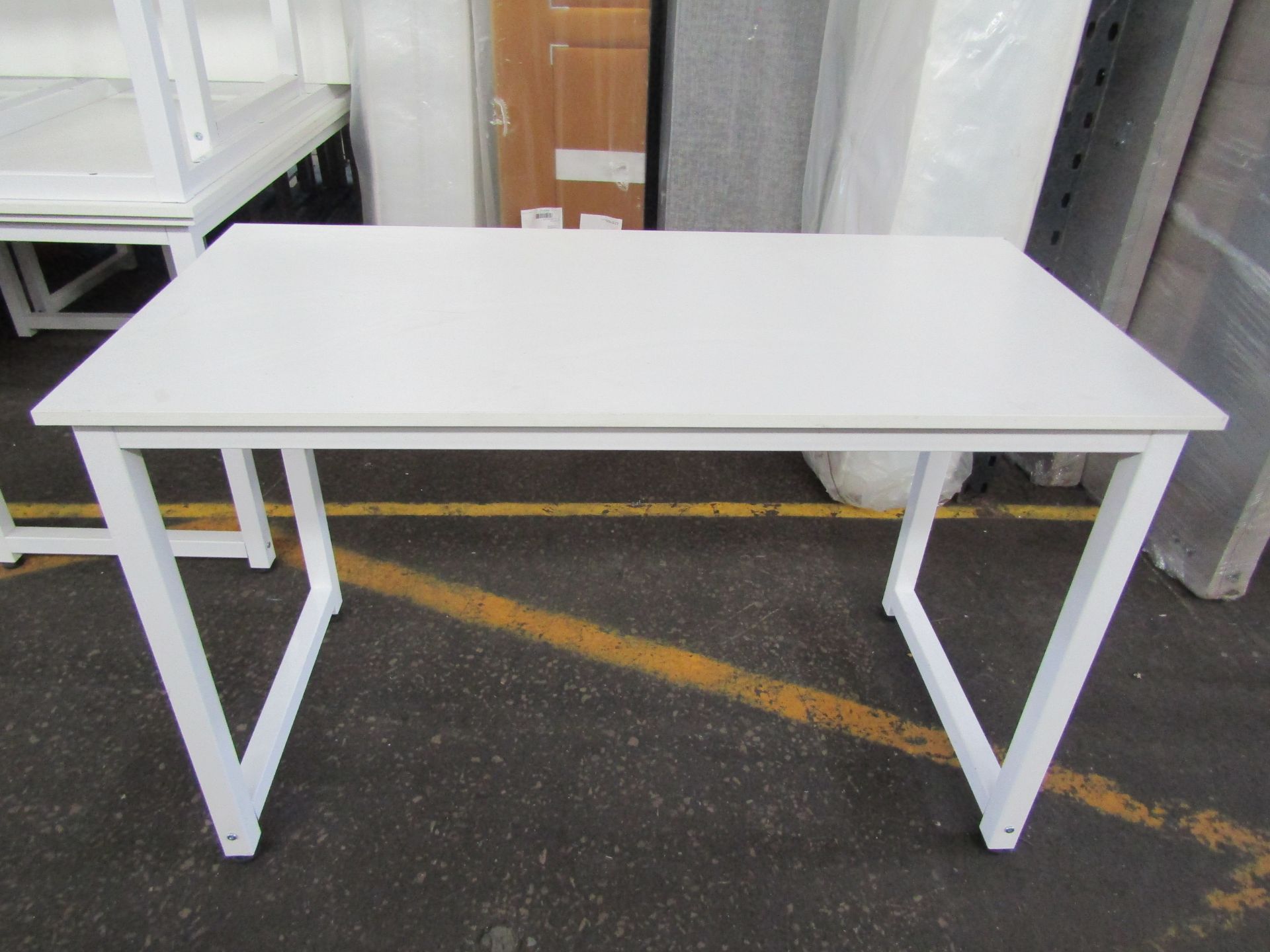 White Wooden Table With Metal Grey Legs - Fairly Decent Condition However May Contain Some Small