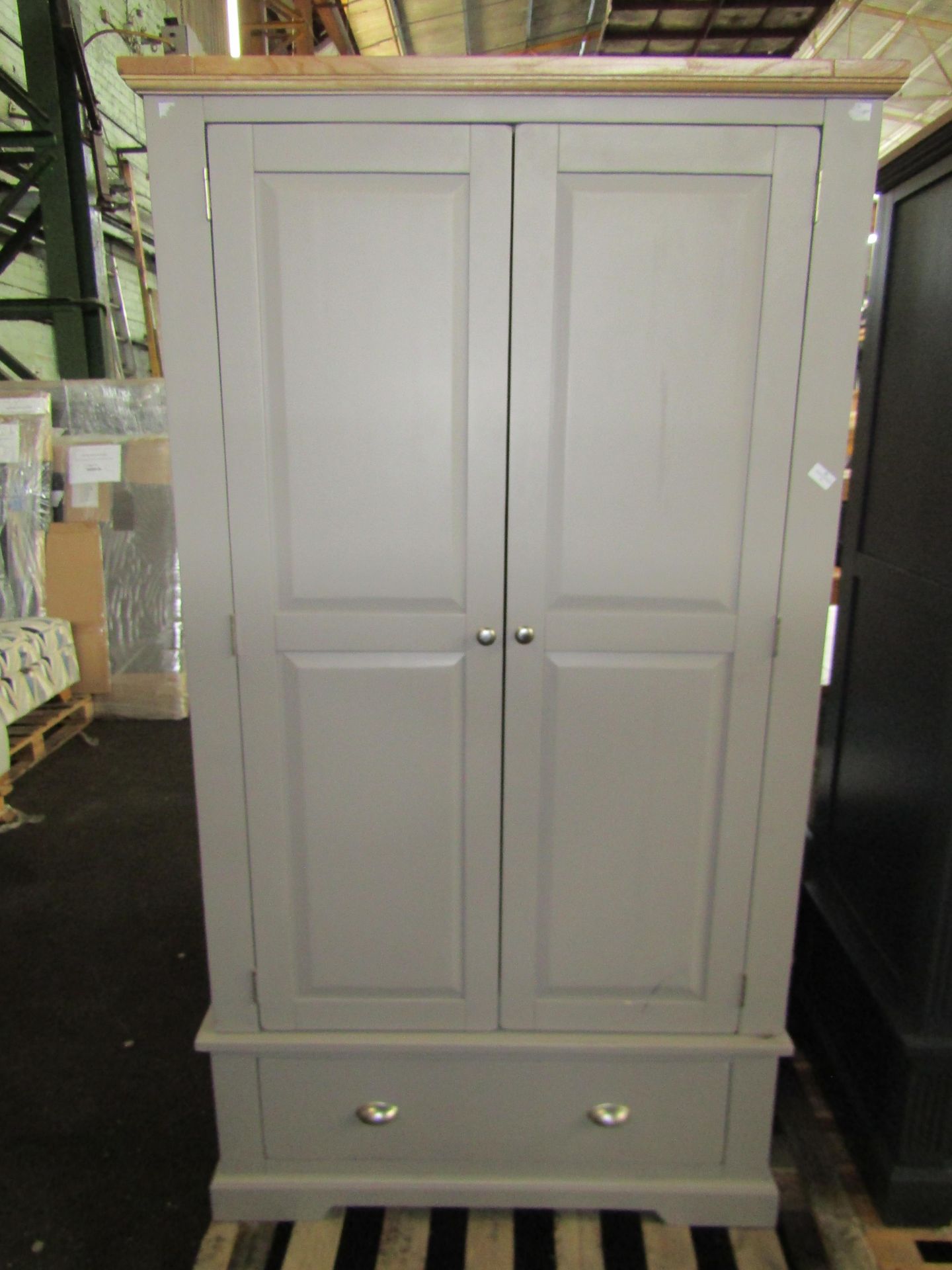 Oak Furnitureland St Ives Natural Oak And Light Grey Painted Double Wardrobe, Does have noticeable