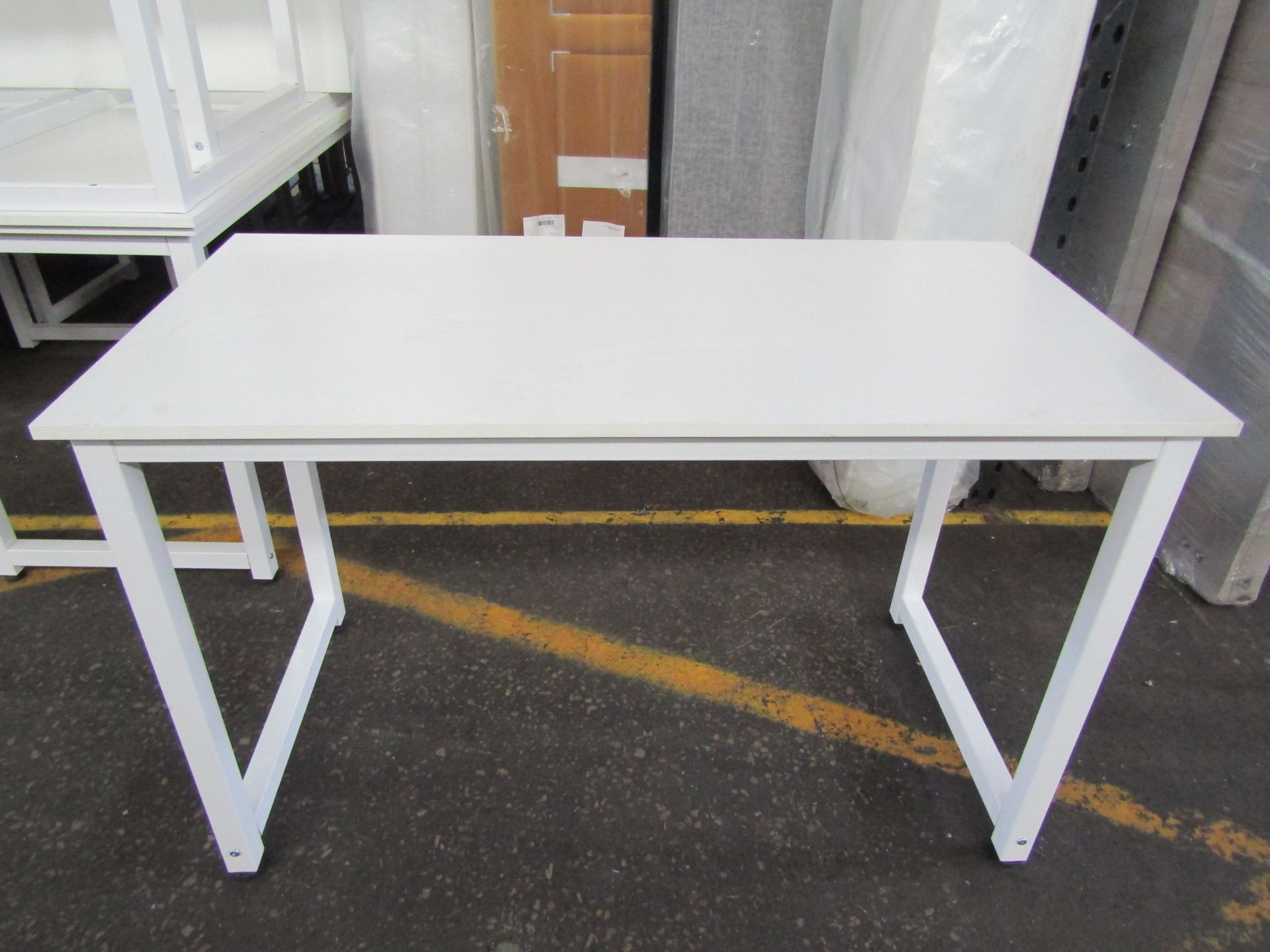 White Wooden Table With Metal Grey Legs - Fairly Decent Condition However May Contain Some Small