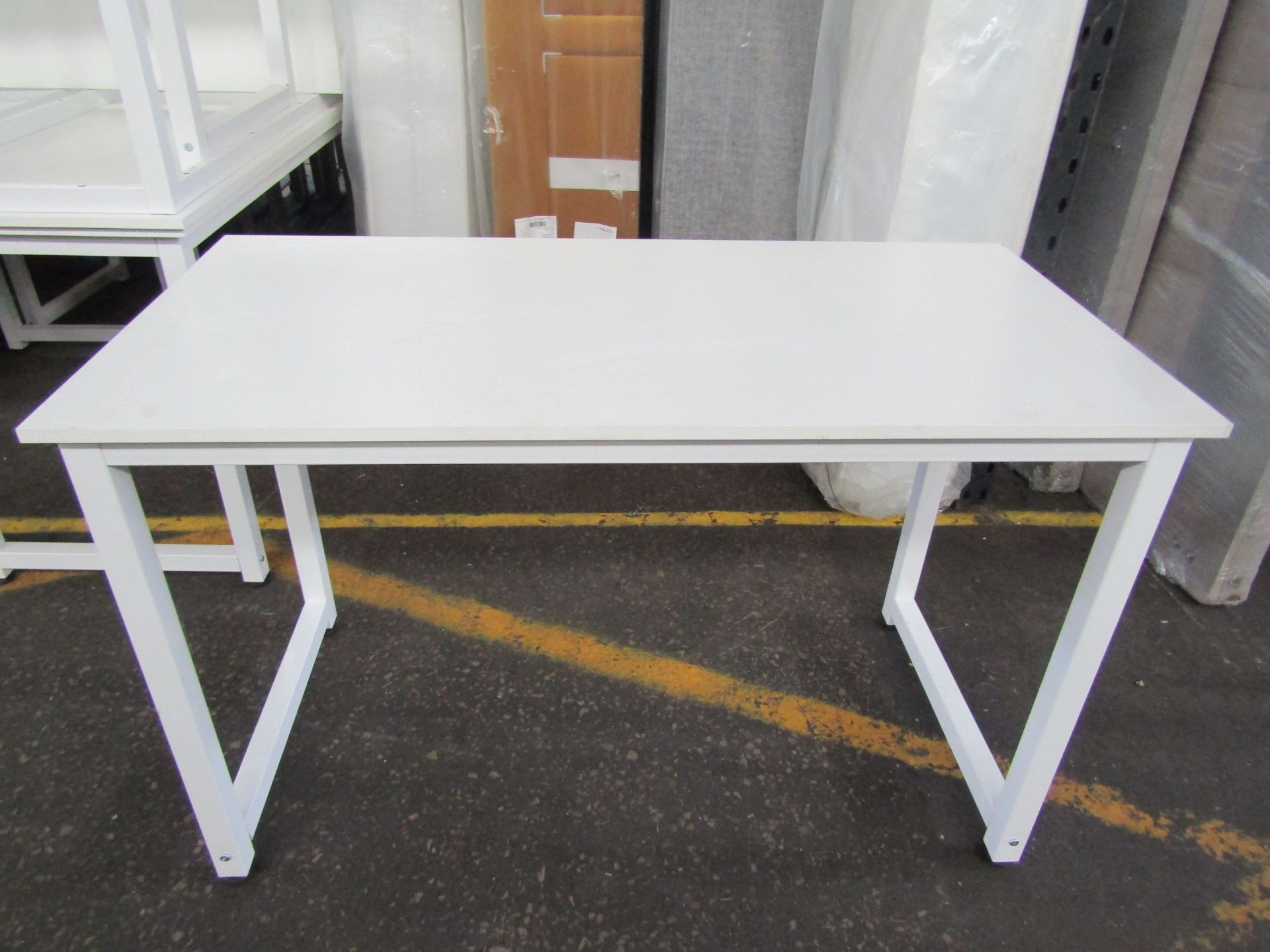 White Wooden Table With Metal Grey Legs - Fairly Decent Condition However May Contain Some Small