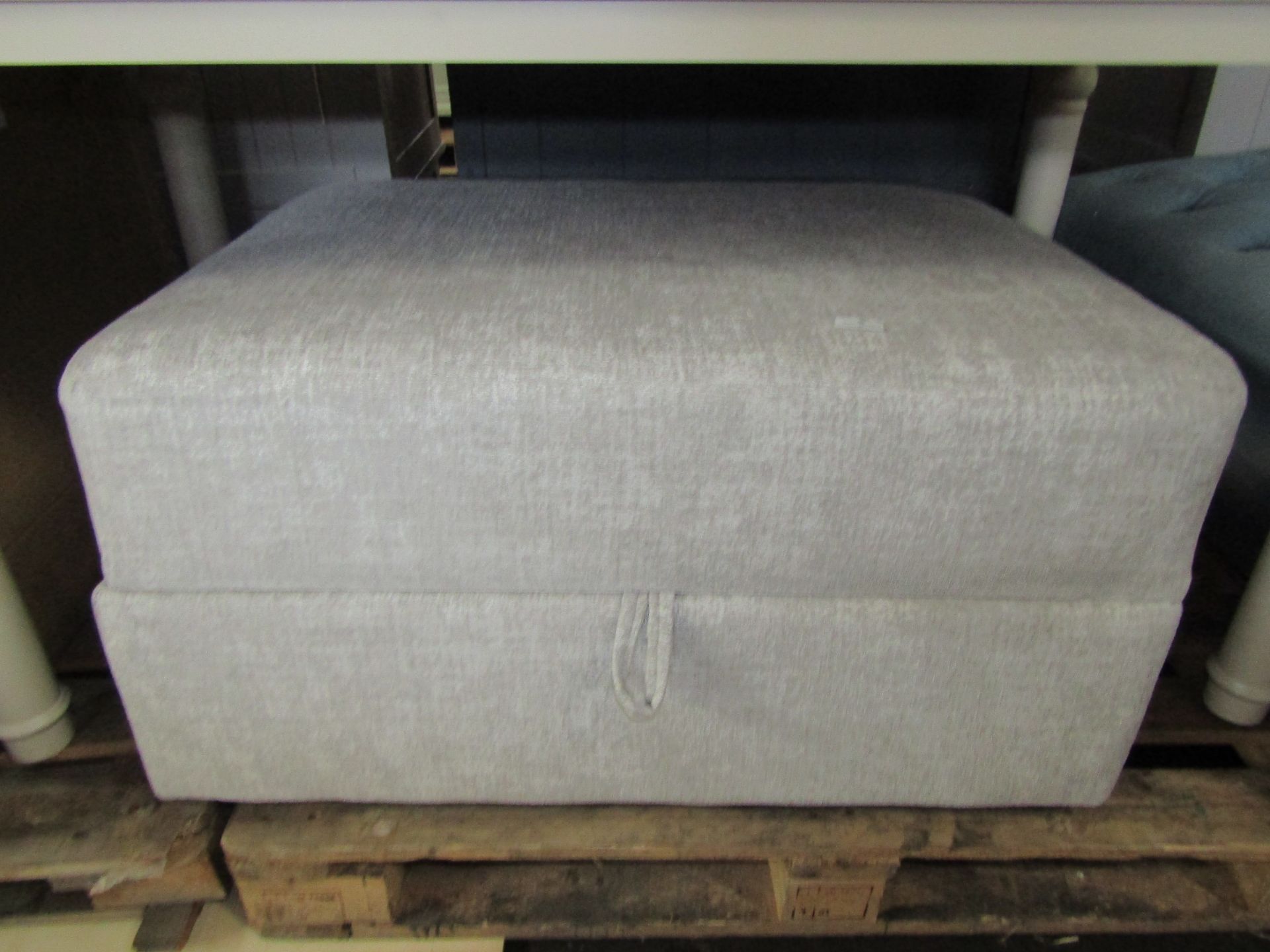 Oak Furnitureland Malvern Storage Footstool in Silver fabric RRP 449.99Upholstered in fabric with