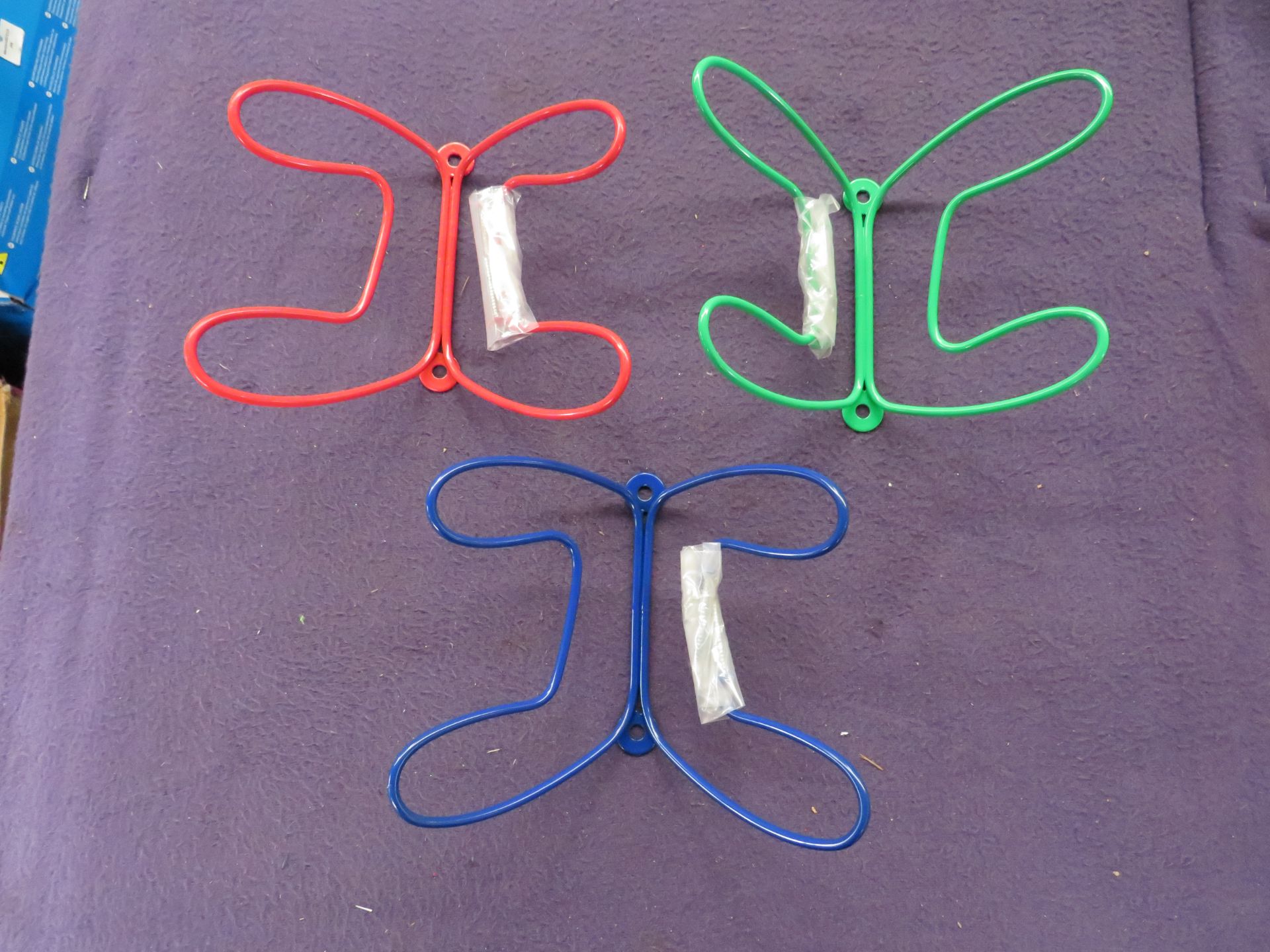 27x Butterfly Wall Shoe Hooks ( All Sets of 3, Green, Blue, Red ) - All Good Condition & Boxed.