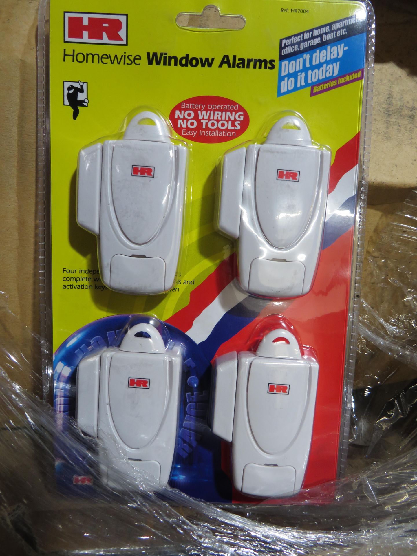 Box of 40x packs of 4 home wise window alarms, still sealed in packaging.