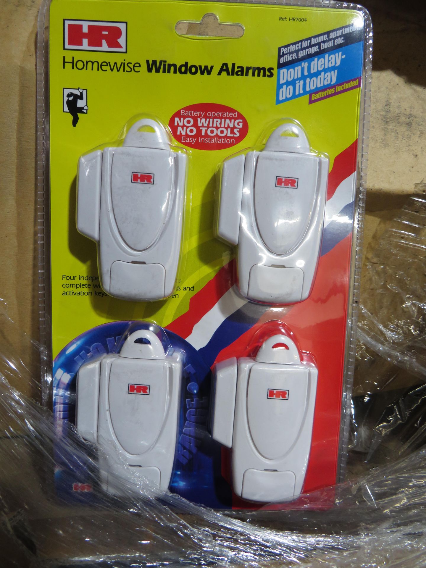 Box of 40x packs of 4 home wise window alarms, still sealed in packaging.