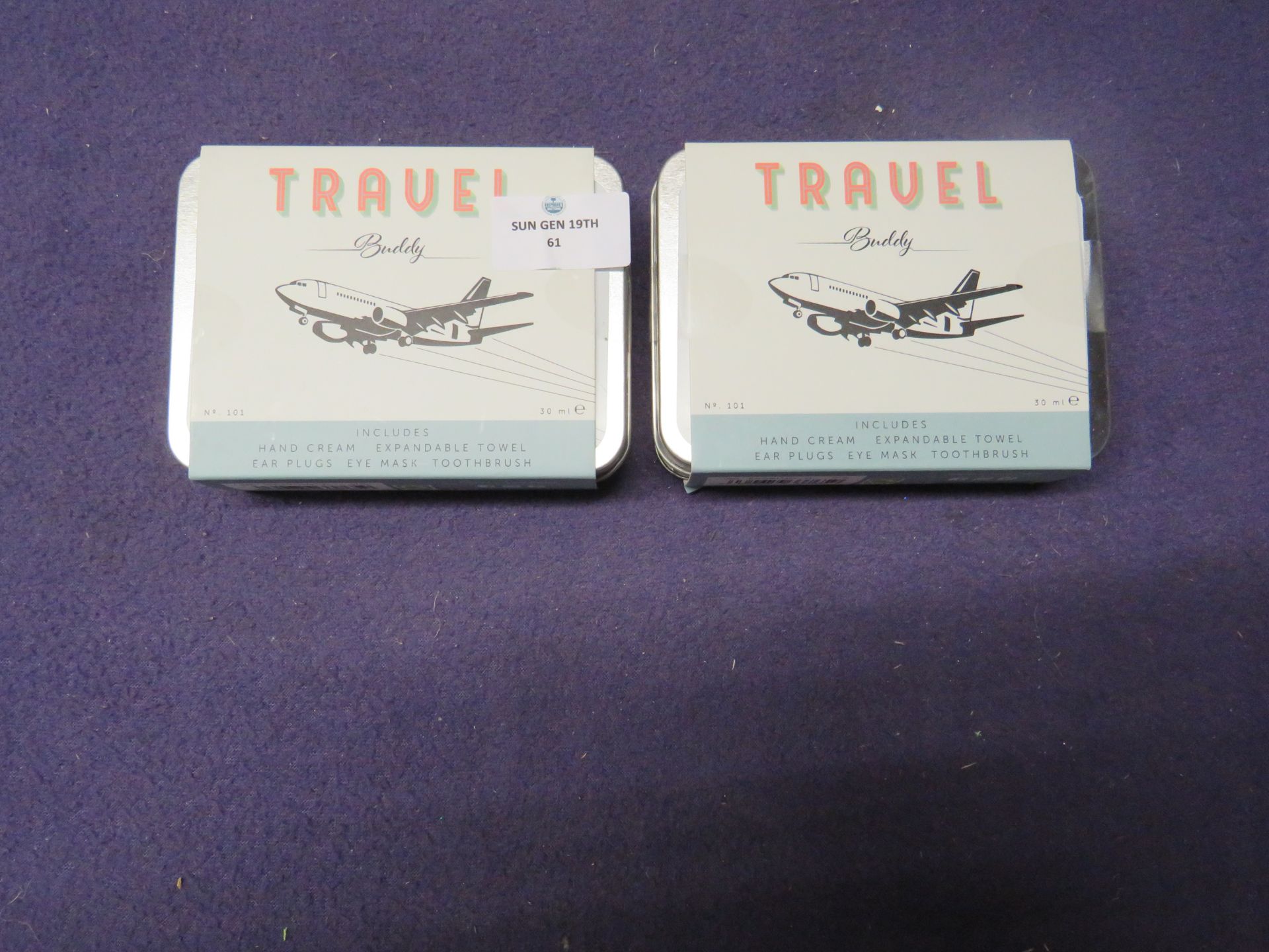 2x Buddy - Travel Kit ( Hand Cream, Expandable Towel, Ear Plugs, Eye Mask, Toothbrush ) - Unused.