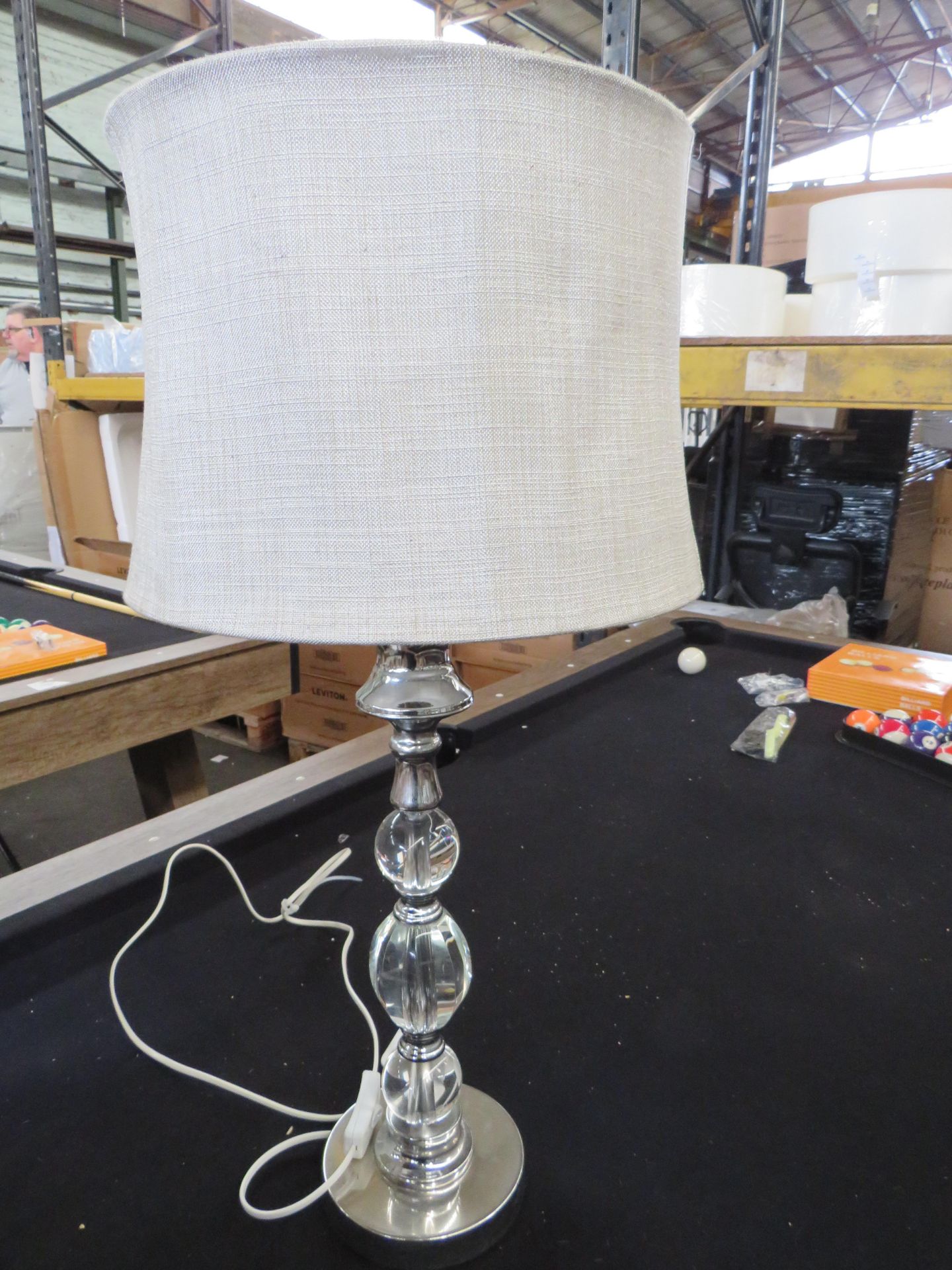 Costco Table Lamp Chrome Acrylic Crystal Design With Hemp Shade - Good Condition, No Packaging.