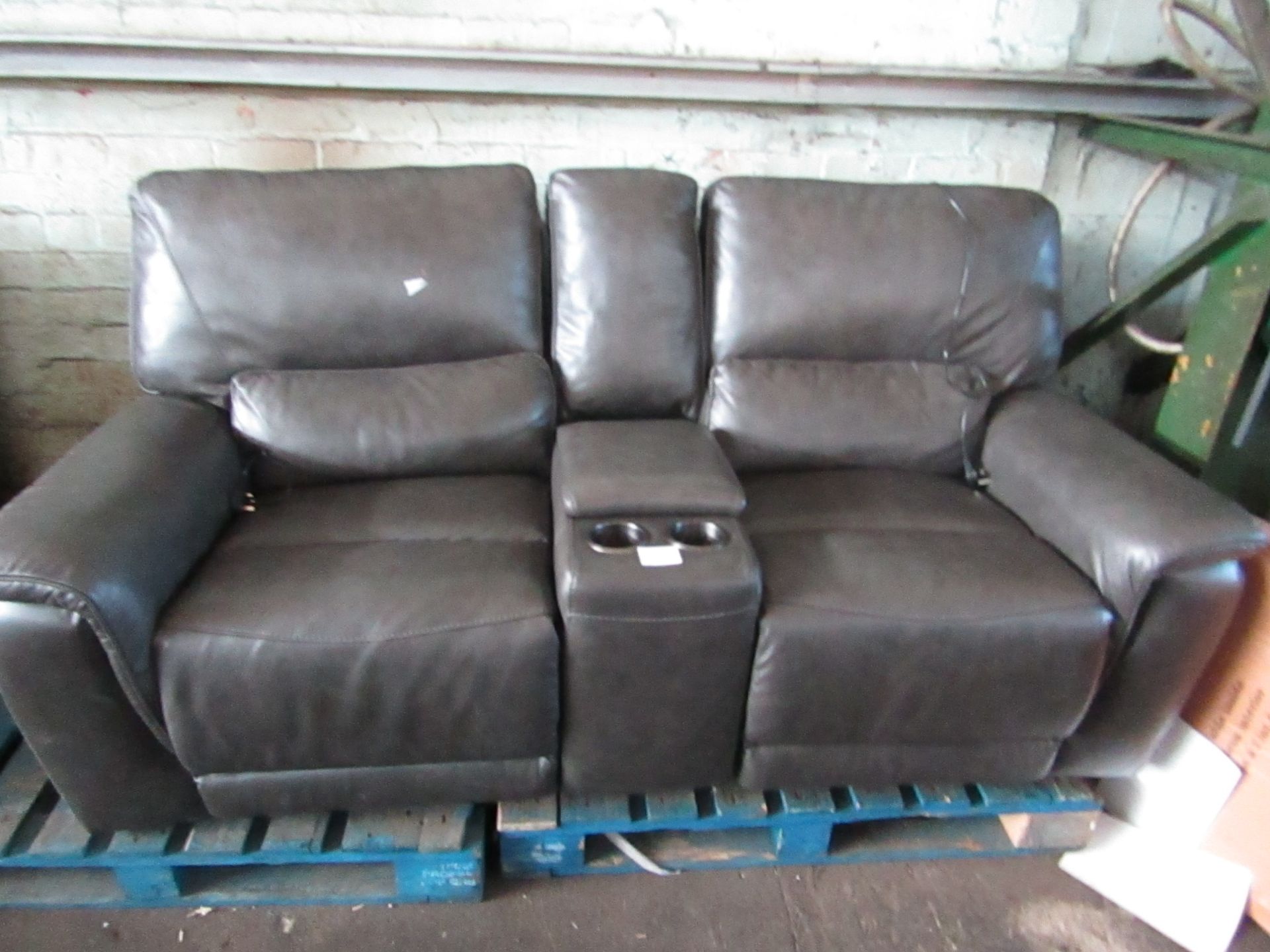 Costco leather 2 seater electric reclining cinema sofa with USB ports, a 3 pin plug socket and cup