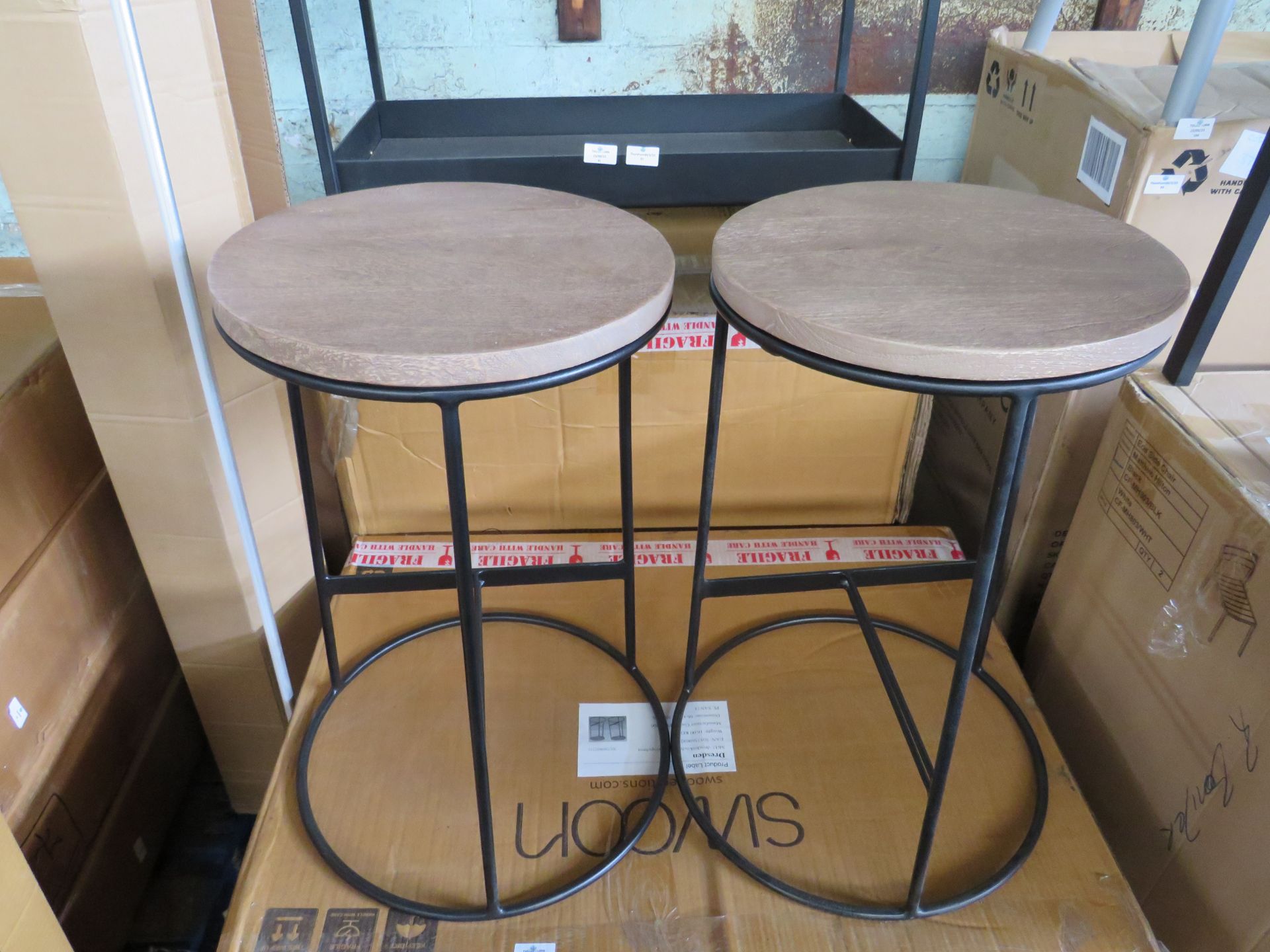 Swoon Dresden Kitchen Stools set of Two Sandblasted Grey Mango Wood and Black Steel RRP 219.00