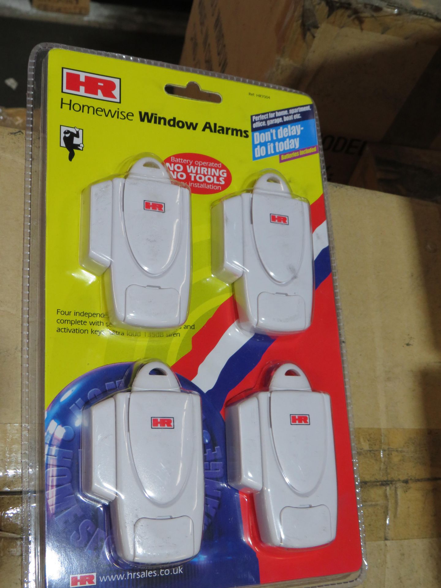 Box of 40x packs of 4 home wise window alarms, still sealed in packaging.