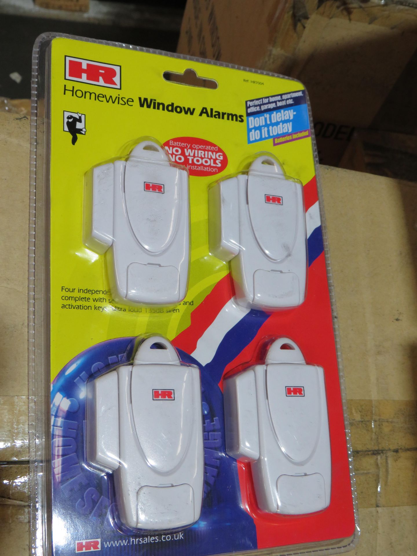 Box of 40x packs of 4 home wise window alarms, still sealed in packaging.