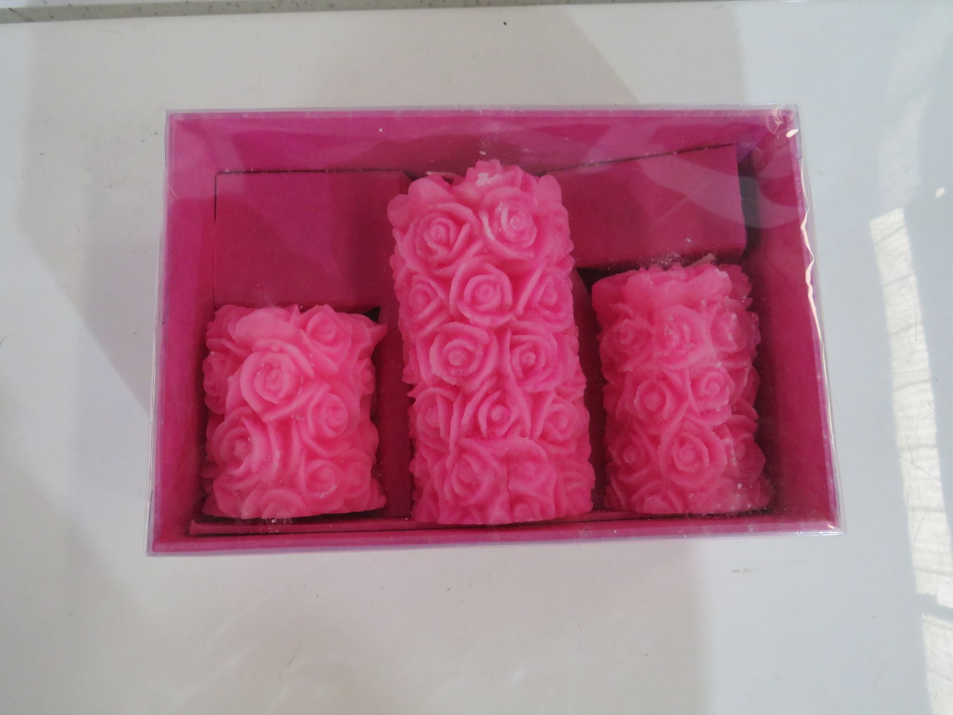 Set of 3 Pink Rose Pillar Candles - New & Packaged.