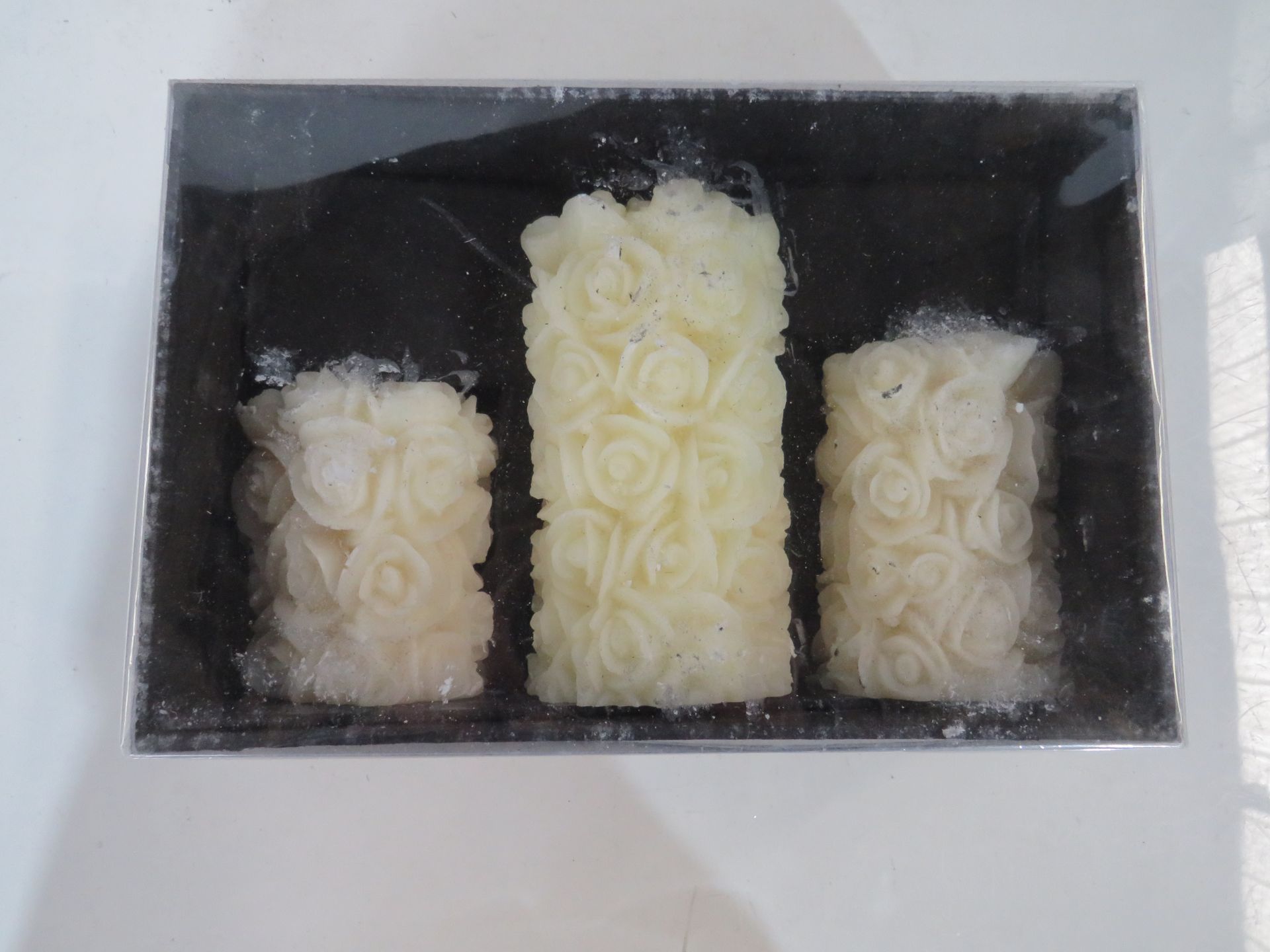 Set of 3 White Rose Pillar Candles - New & Packaged.